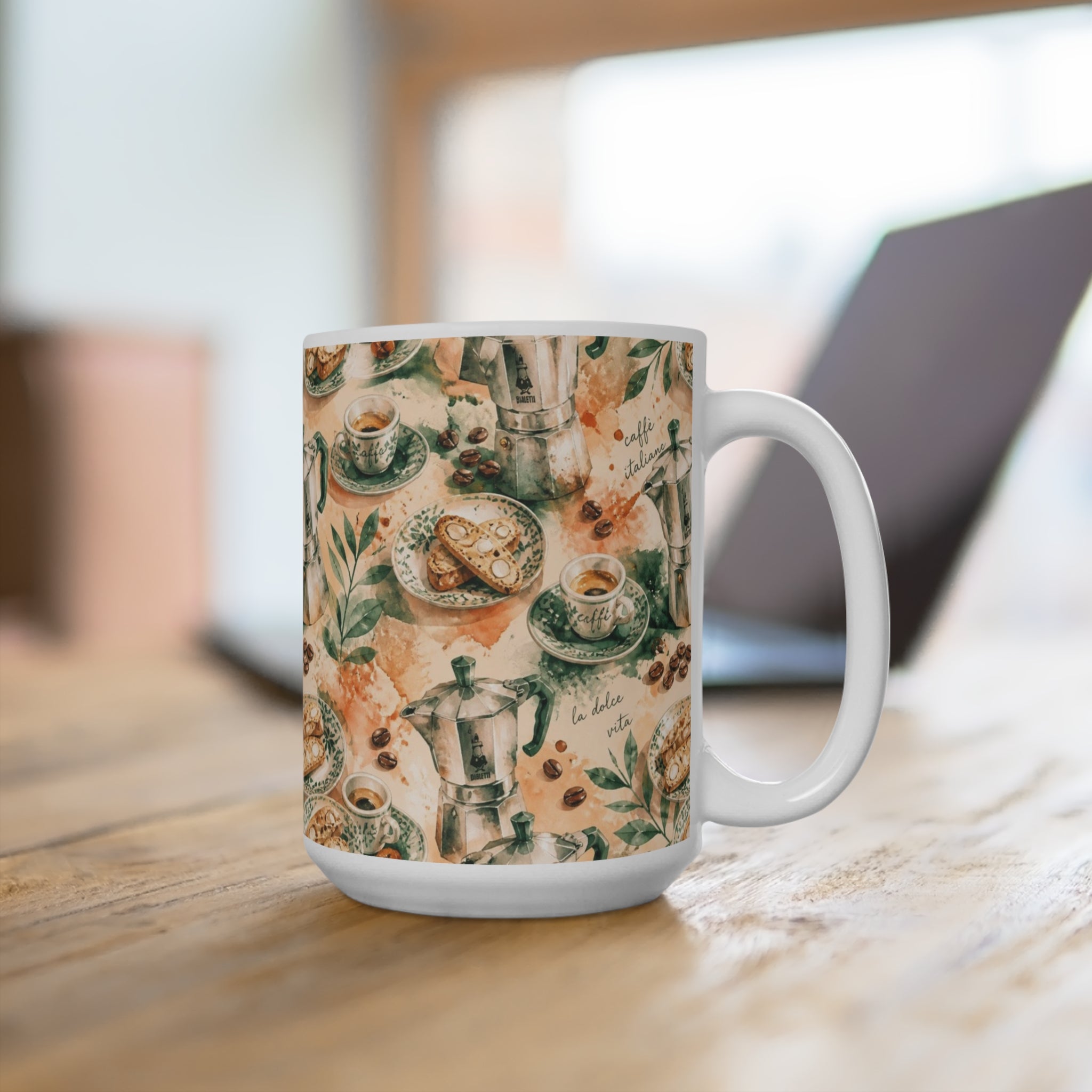 Espresso Moka Pot 15oz Ceramic Mug Mediterranean Kitchen Watercolor Splash Design Italian Cottagecore Gift