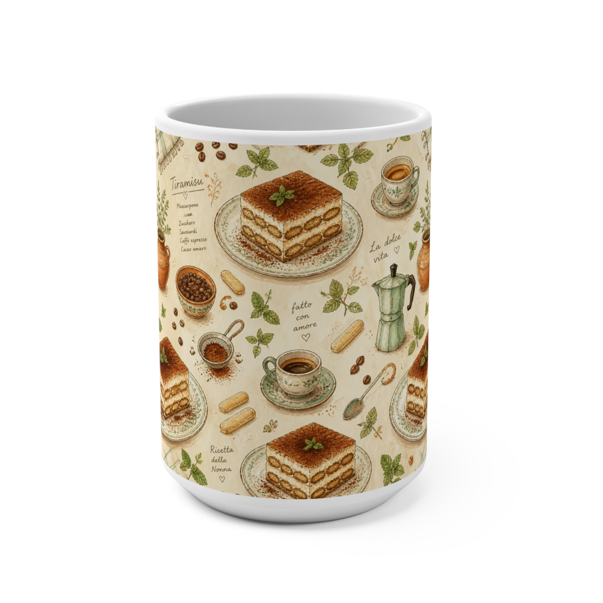 Tiramisu Layers 15oz Ceramic Mug Mediterranean Kitchen Watercolor Design Italian Cottagecore Gift