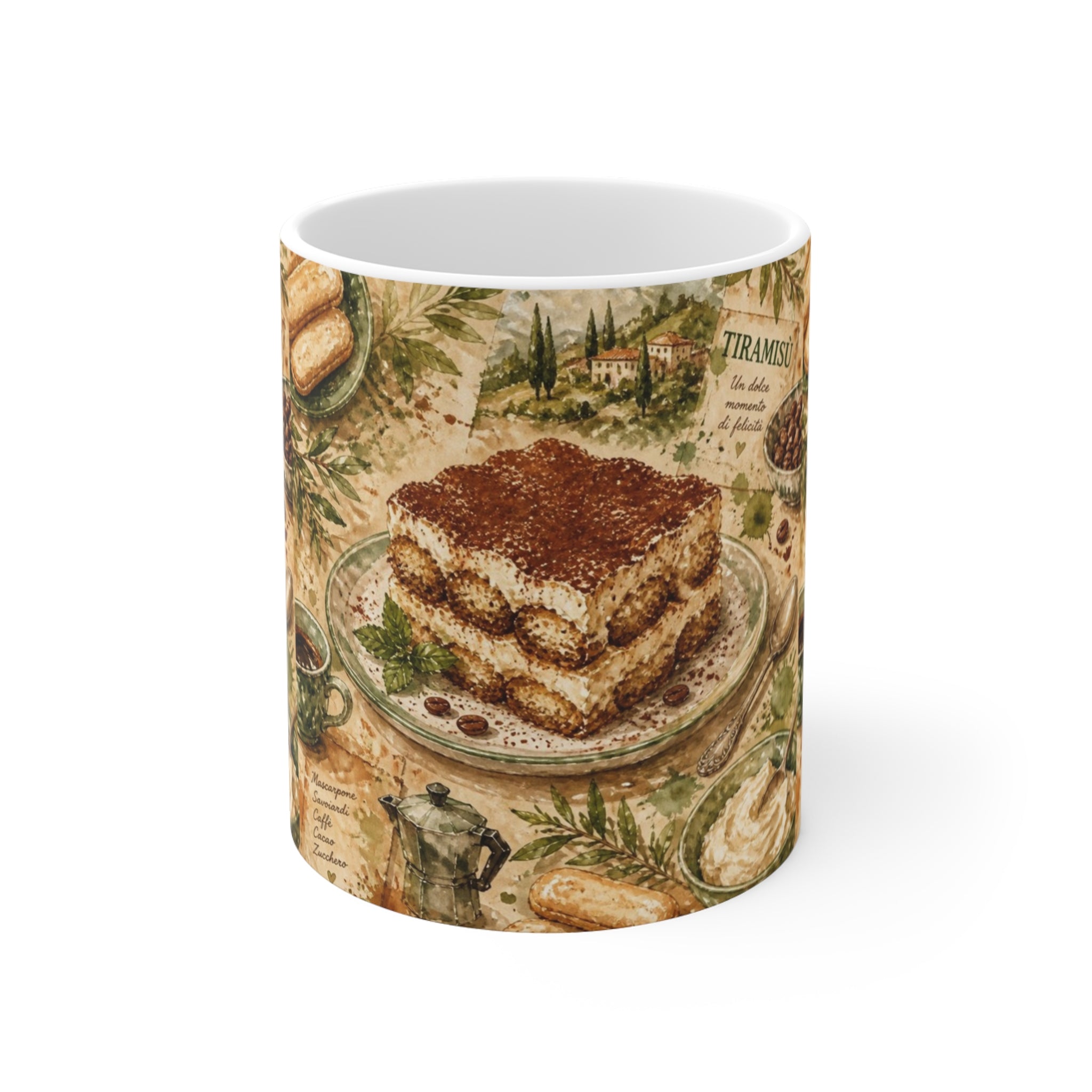 Tiramisu Layers 11oz Ceramic Mug Mediterranean Kitchen Watercolor Splash Design Italian Cottagecore Gift