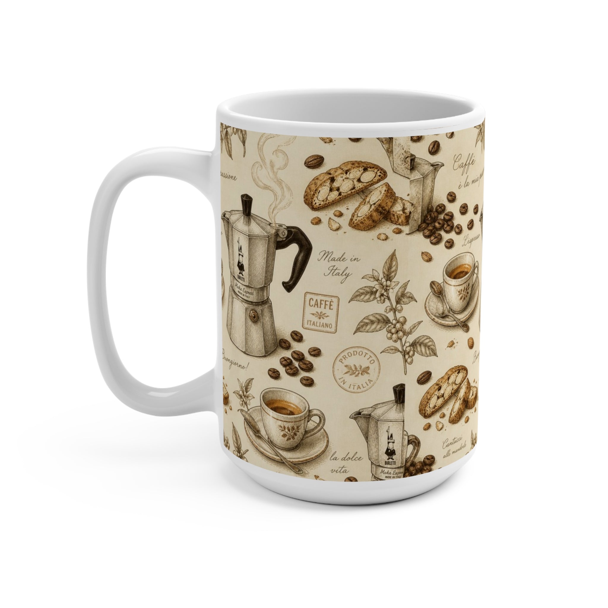 Espresso Moka Pot 15oz Ceramic Mug Mediterranean Kitchen Botanical Design Italian Cottagecore Gift