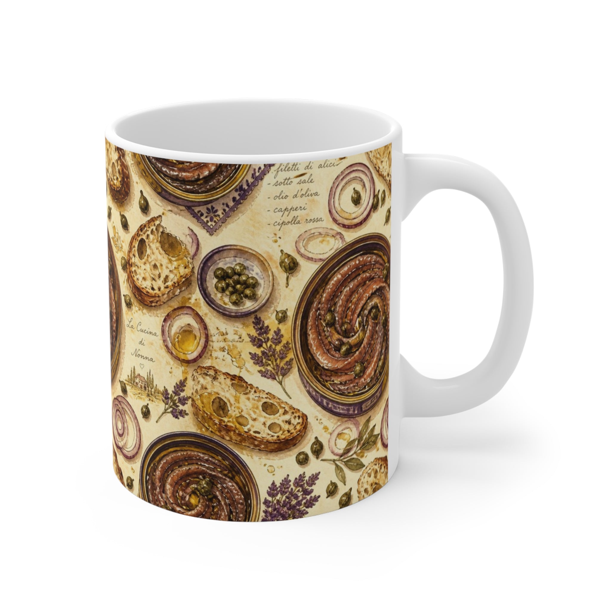 Anchovies & Capers 11oz Ceramic Mug Mediterranean Kitchen Watercolor Design Italian Cottagecore Gift