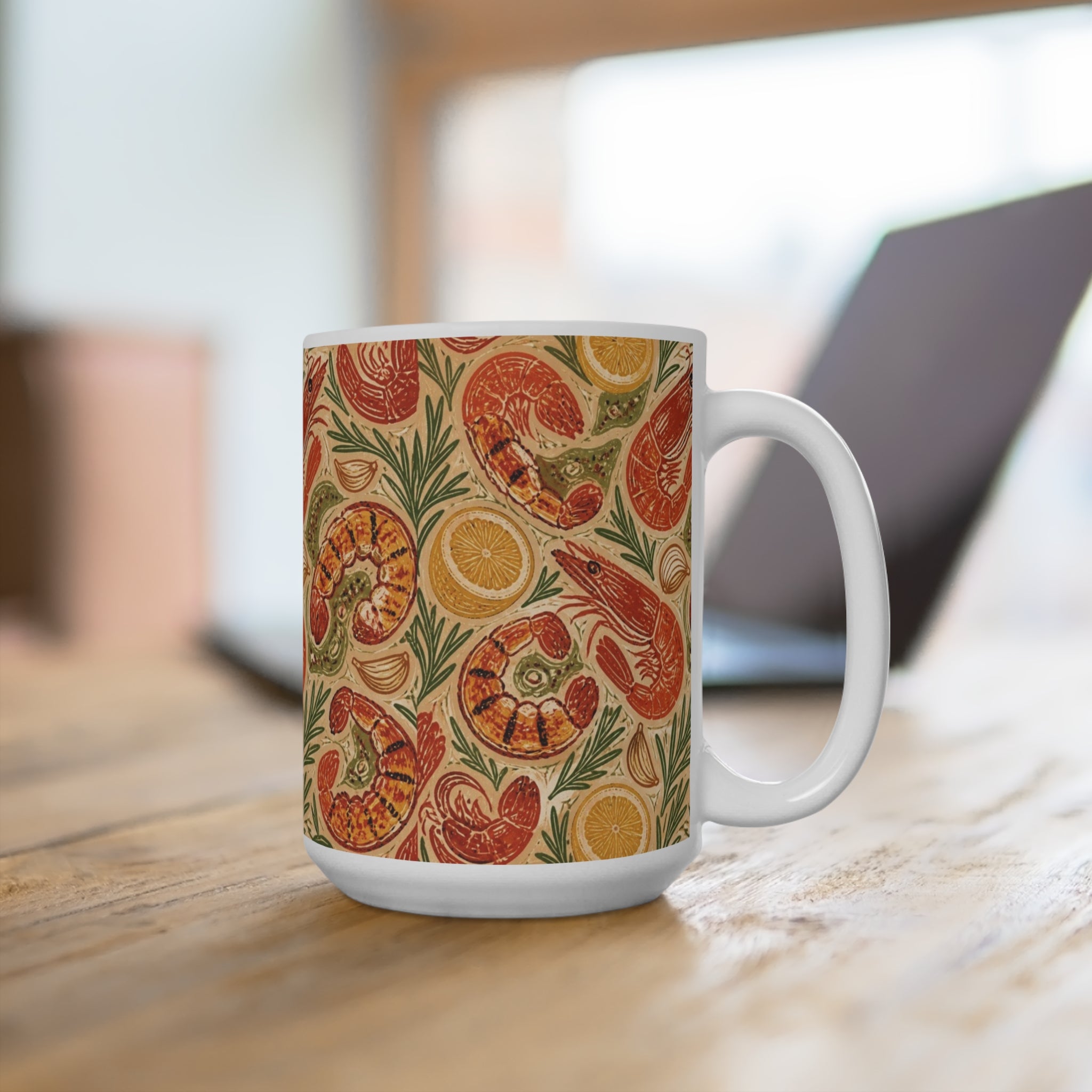 Mediterranean Shrimp 15oz Ceramic Mug Mediterranean Kitchen Linocut Design Italian Cottagecore Gift