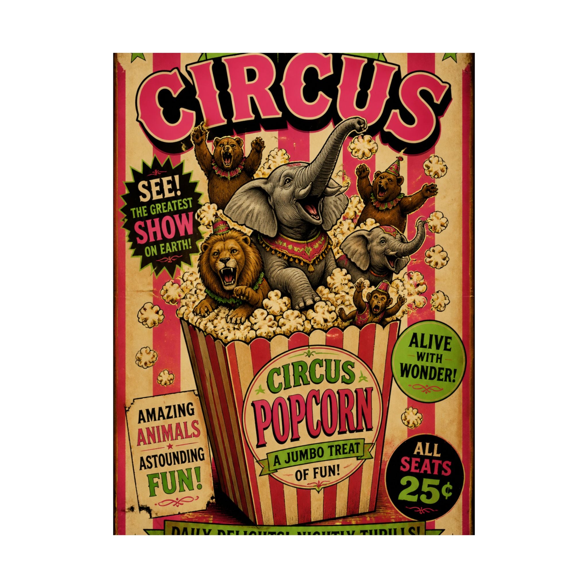 Popcorn Box Animals Wall Art Poster 18×24 Vintage Circus Kitchen Decor Maximalist Print