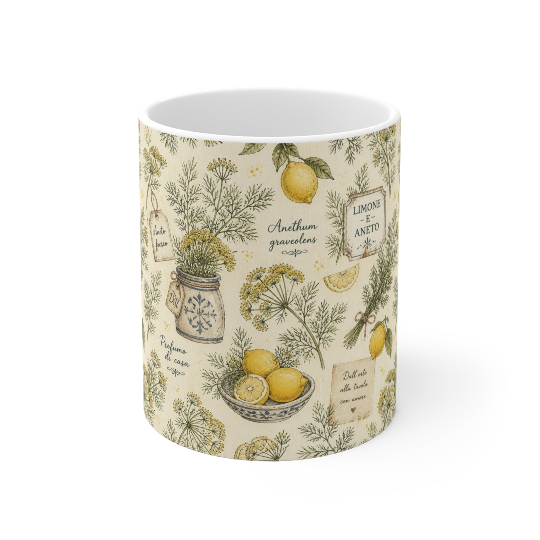 Dill Fronds 11oz Ceramic Mug Mediterranean Kitchen Watercolor Design Italian Cottagecore Gift
