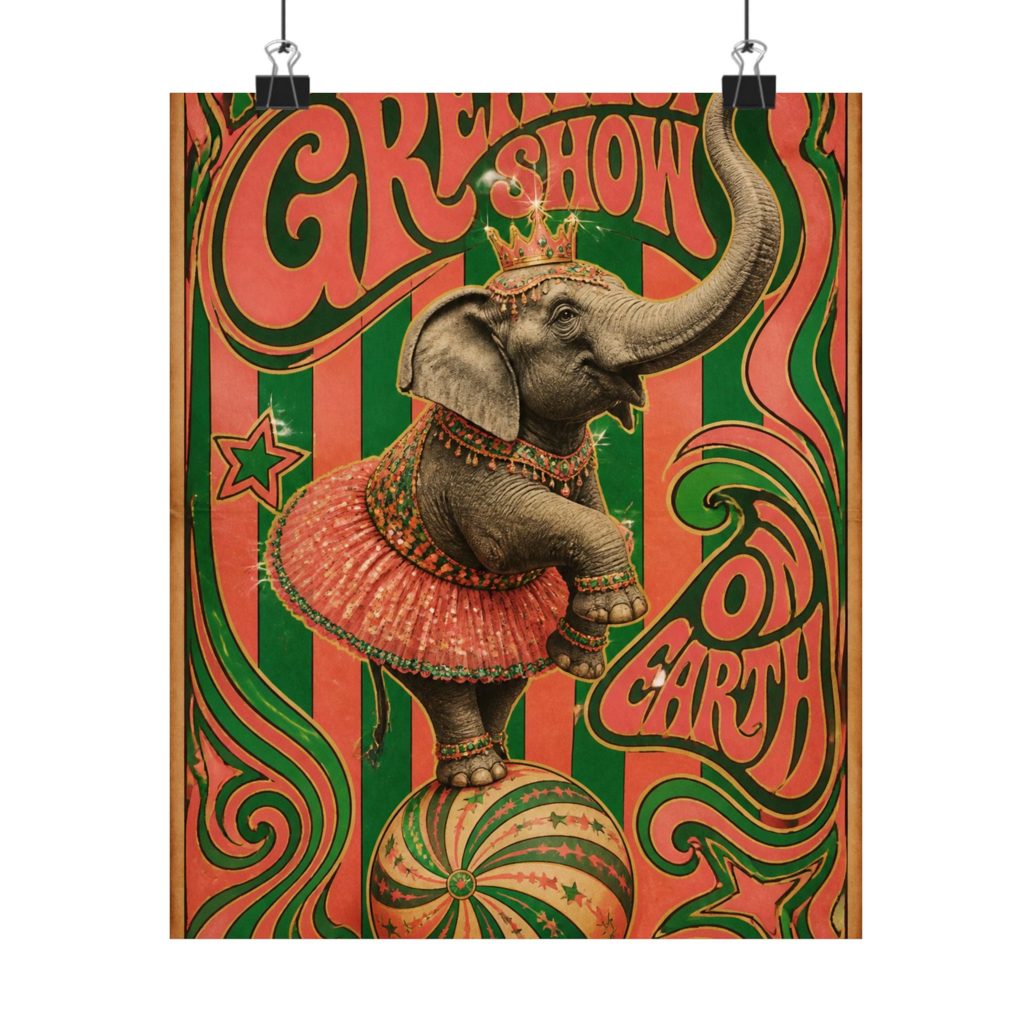 Elephant on Ball Wall Art Poster 24×36 Psychedelic Dining Room Decor Maximalist Print