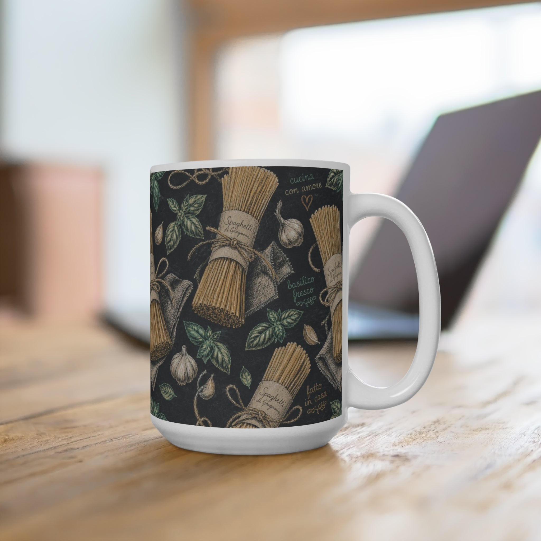 Spaghetti Bundle 15oz Ceramic Mug Mediterranean Kitchen Chalk Art Design Italian Cottagecore Gift