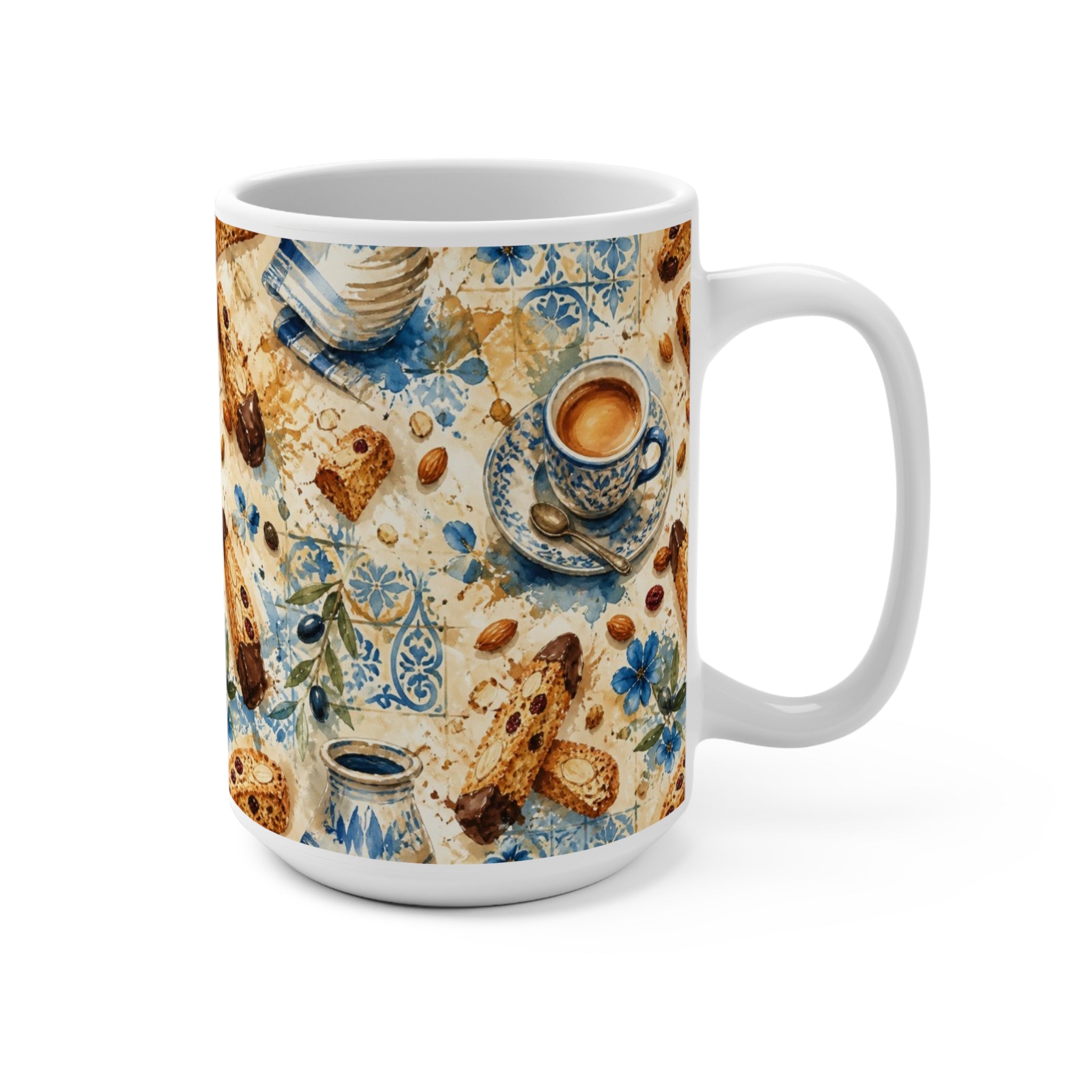 Almond Biscotti 15oz Ceramic Mug Mediterranean Kitchen Watercolor Splash Design Italian Cottagecore Gift
