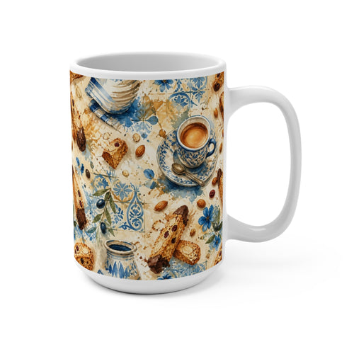 Almond Biscotti 15oz Ceramic Mug Mediterranean Kitchen Watercolor Splash Design Italian Cottagecore Gift