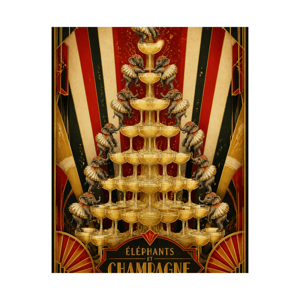 Champagne Tower Elephants Wall Art Poster 24×36 Art Deco Bar Area Decor Maximalist Print