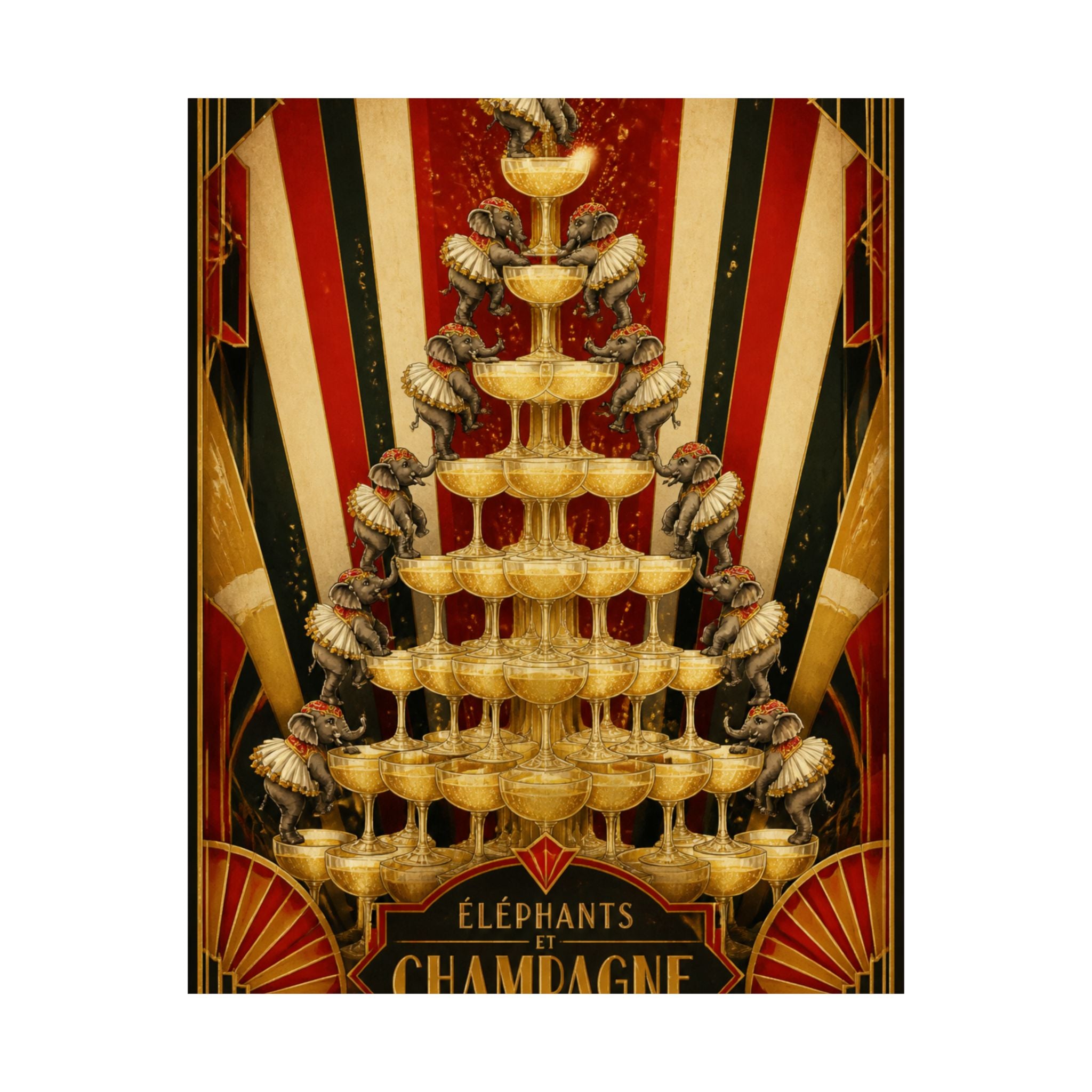 Champagne Tower Elephants Wall Art Poster 24×36 Art Deco Bar Area Decor Maximalist Print