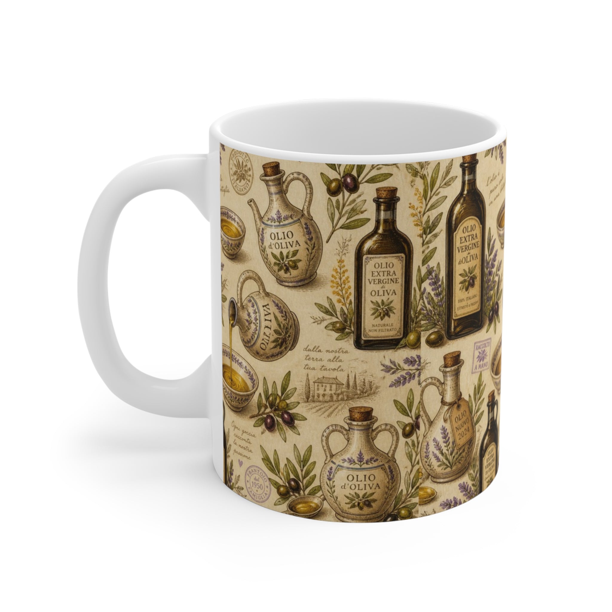 Olive Oil Bottles 11oz Ceramic Mug Mediterranean Kitchen Botanical Design Italian Cottagecore Gift