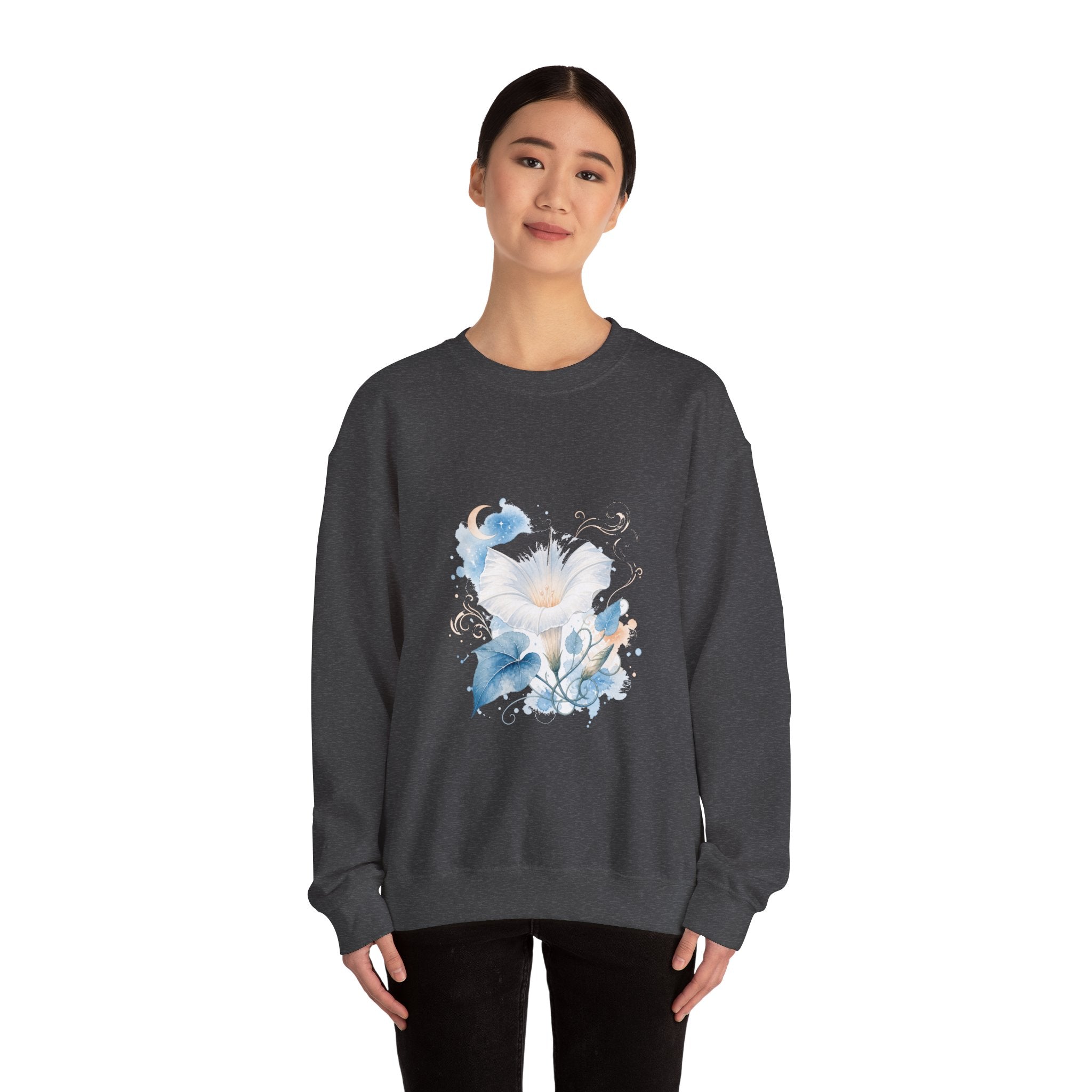 Matching Couple Sweatshirt - Sunflower & Moonflower Matching Couple Crewneck Sweatshirt Watercolor Art His Hers Engagement Gift - Design B