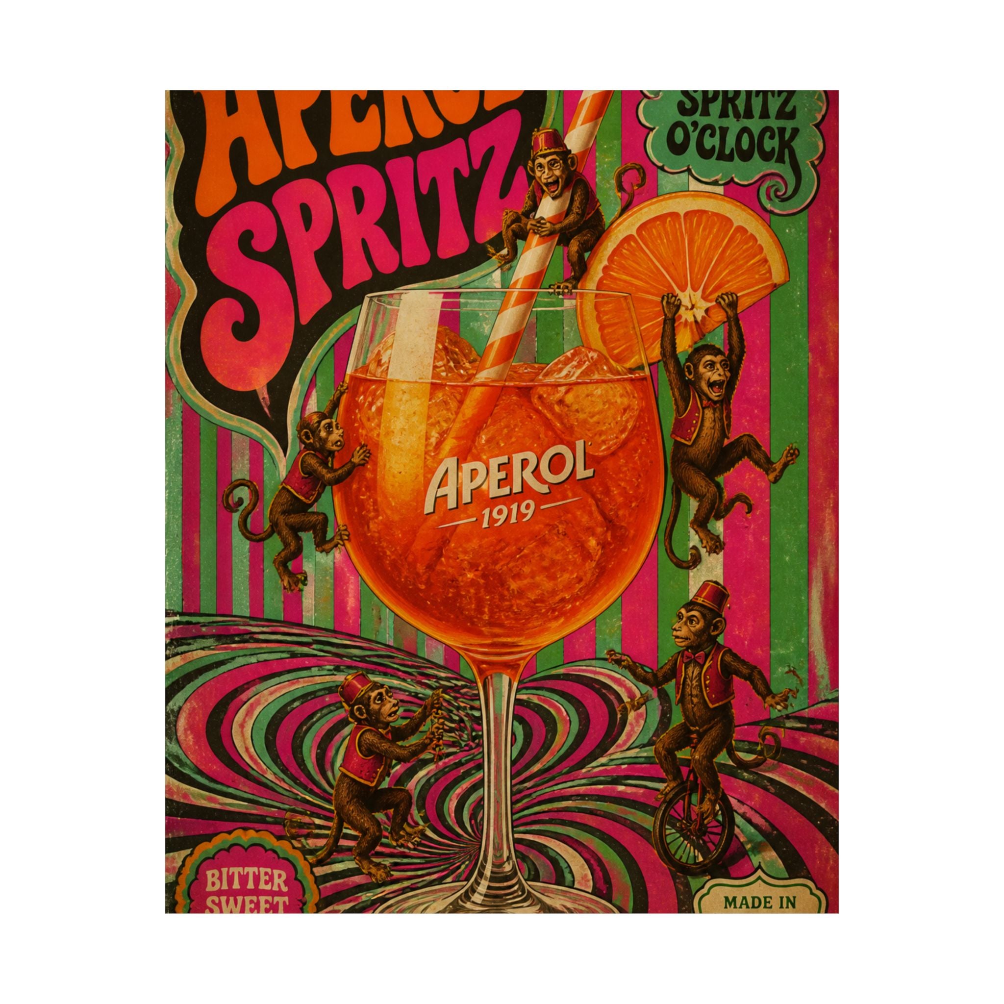Aperol Spritz Monkeys Wall Art Poster 24×36 Psychedelic Dining Room Decor Maximalist Print
