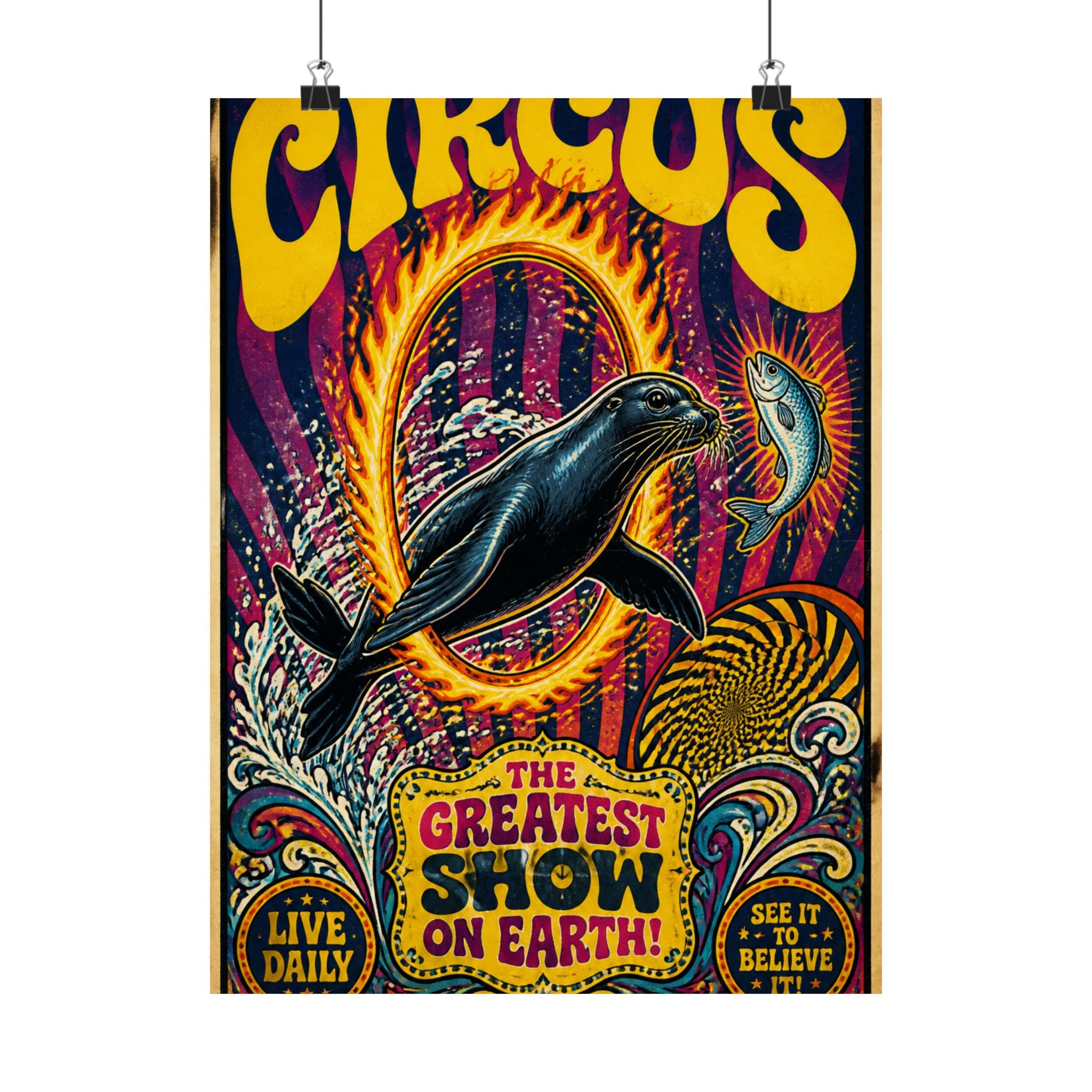 Seal Fire Hoop Wall Art Poster 18×24 Psychedelic Cafe Decor Maximalist Print