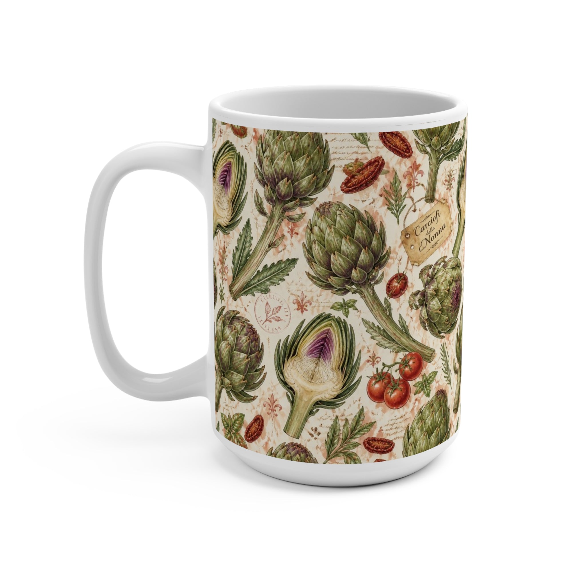 Globe Artichokes 15oz Ceramic Mug Mediterranean Kitchen Watercolor Design Italian Cottagecore Gift