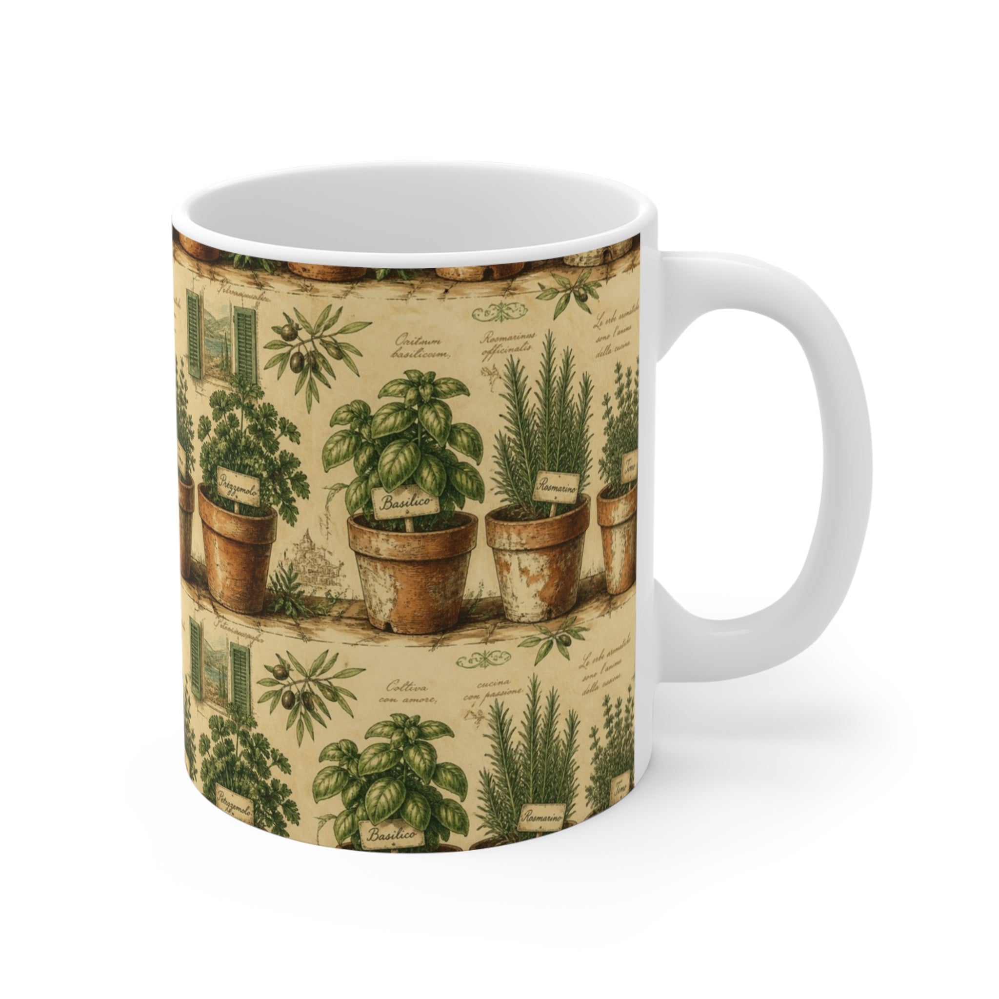 Terracotta Herb Pots 11oz Ceramic Mug Mediterranean Kitchen Botanical Design Italian Cottagecore Gift
