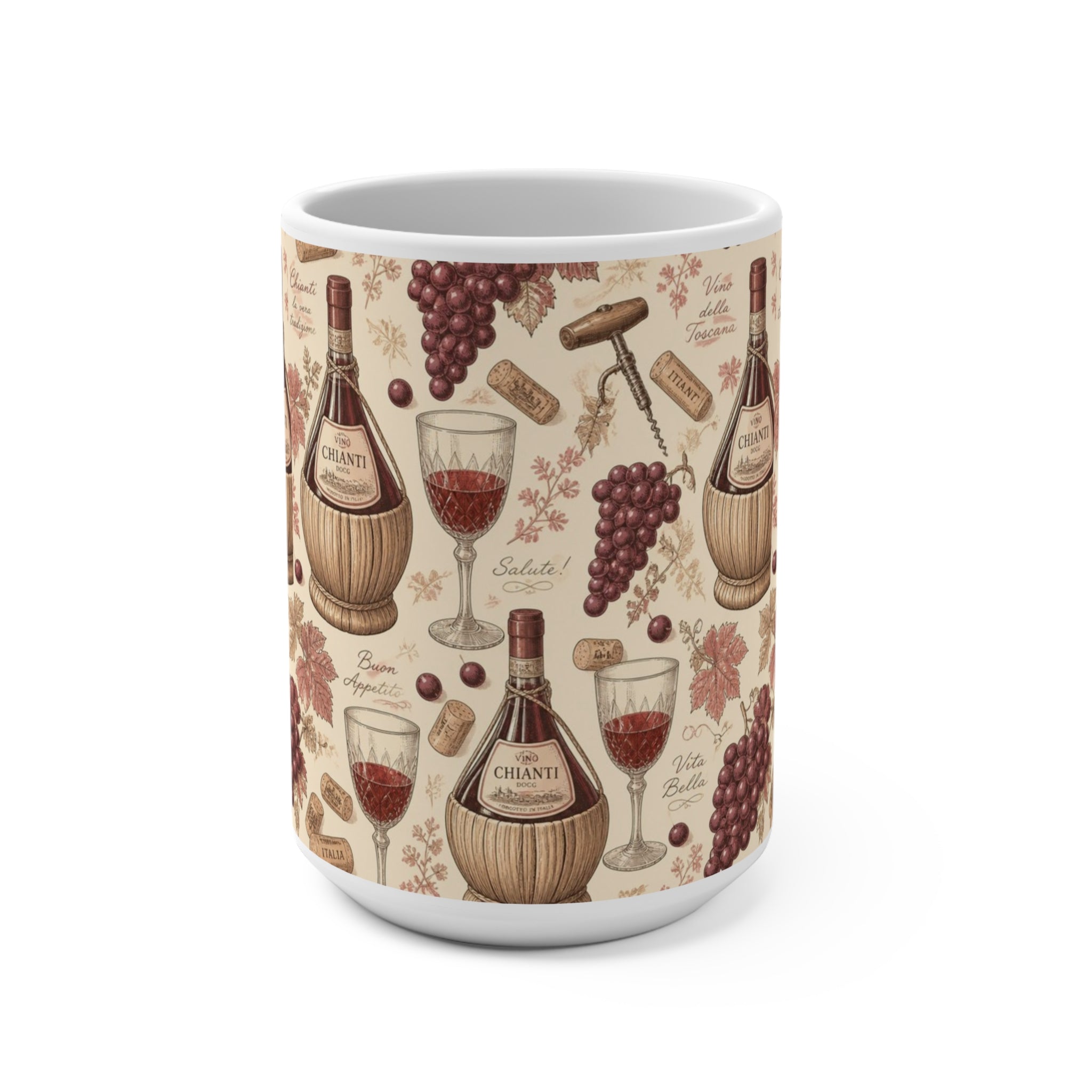 Wine Bottles & Glasses 15oz Ceramic Mug Mediterranean Kitchen Botanical Design Italian Cottagecore Gift