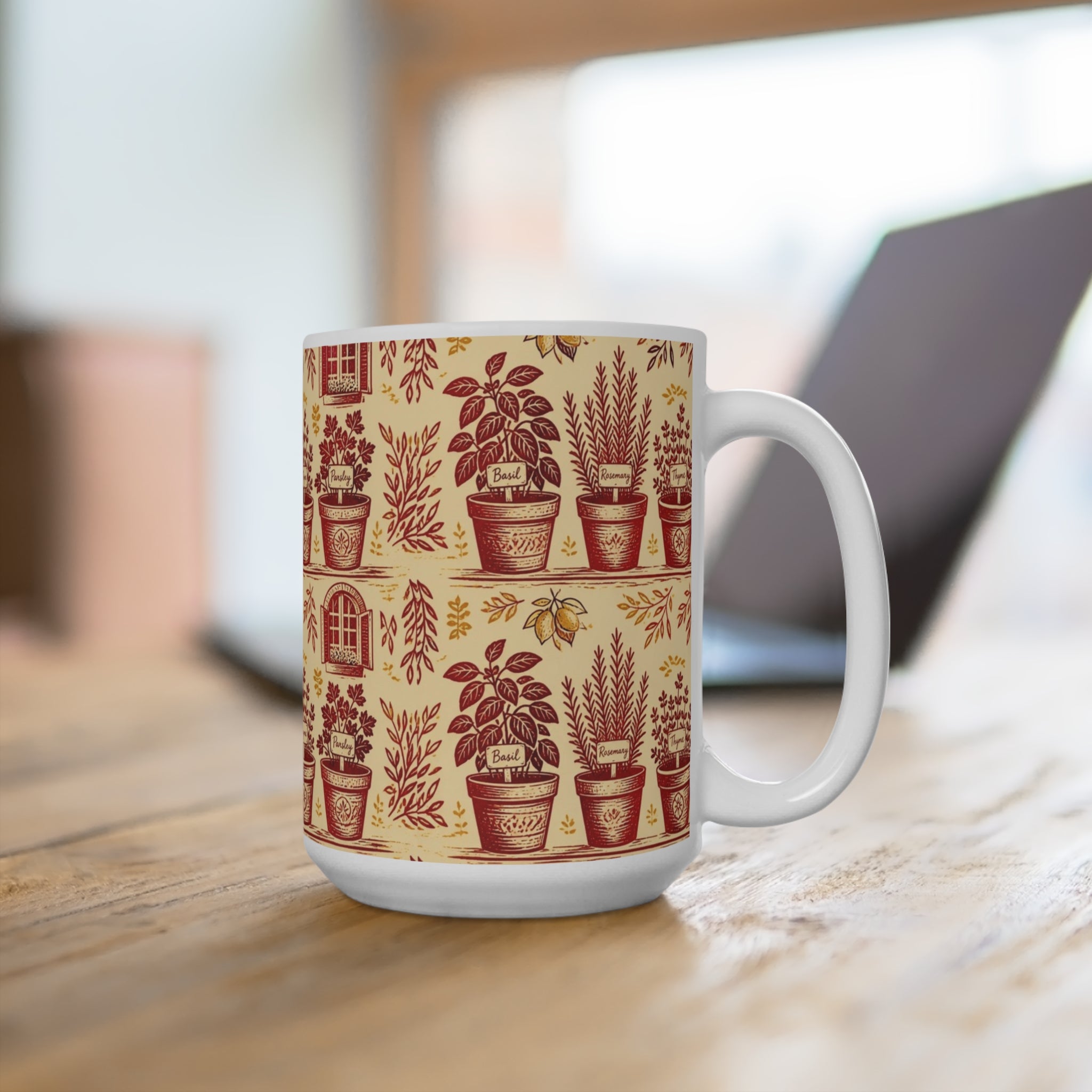 Terracotta Herb Pots 15oz Ceramic Mug Mediterranean Kitchen Linocut Design Italian Cottagecore Gift