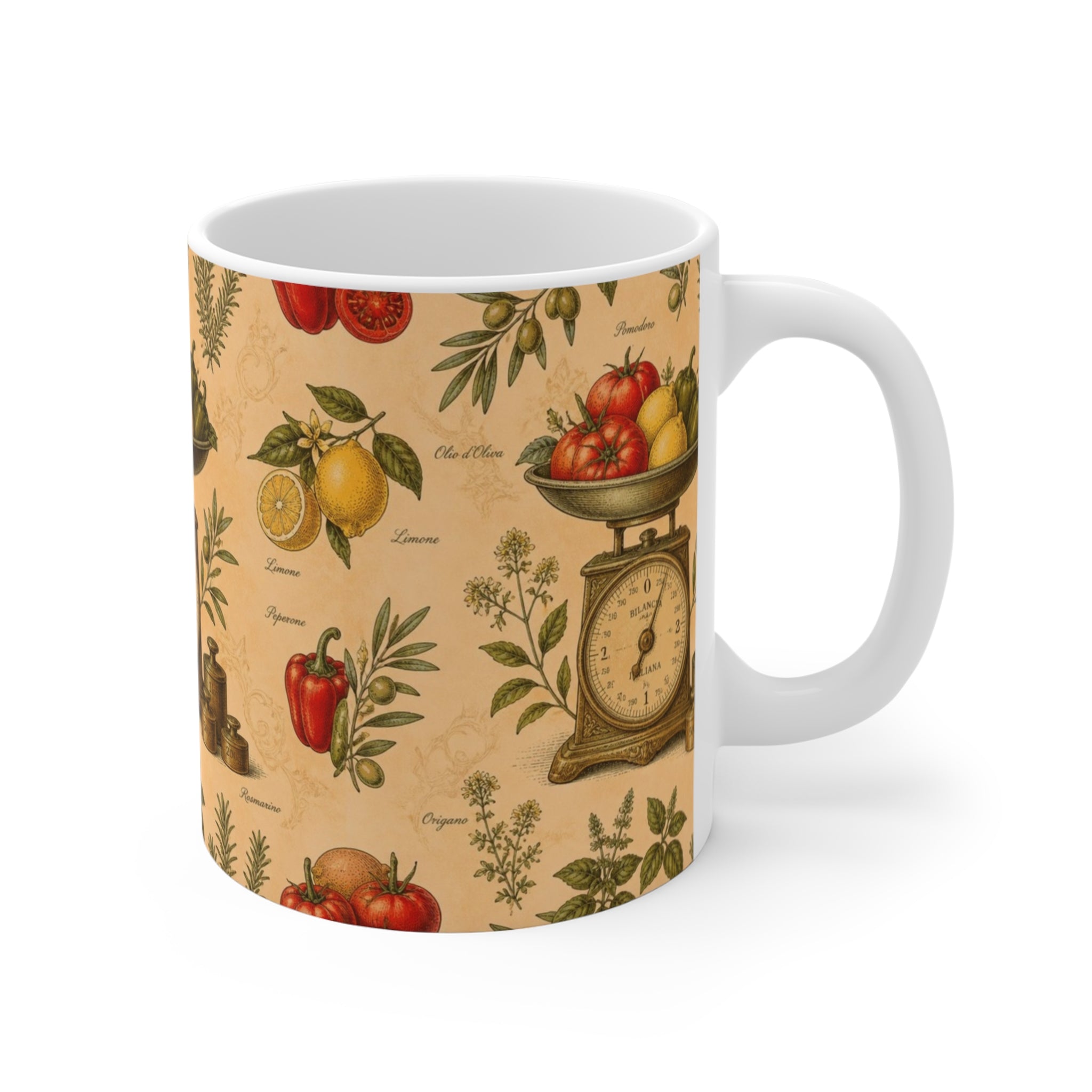 Vintage Kitchen Scale 11oz Ceramic Mug Mediterranean Kitchen Botanical Design Italian Cottagecore Gift