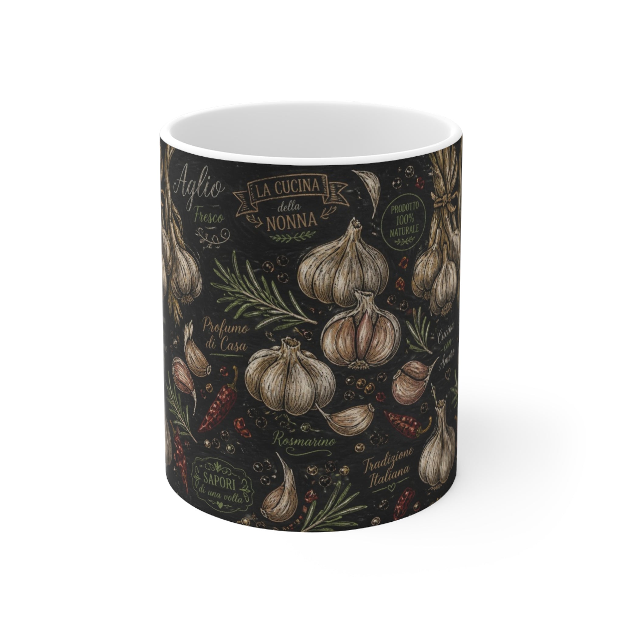Garlic Bulbs & Cloves 11oz Ceramic Mug Mediterranean Kitchen Chalk Art Design Italian Cottagecore Gift