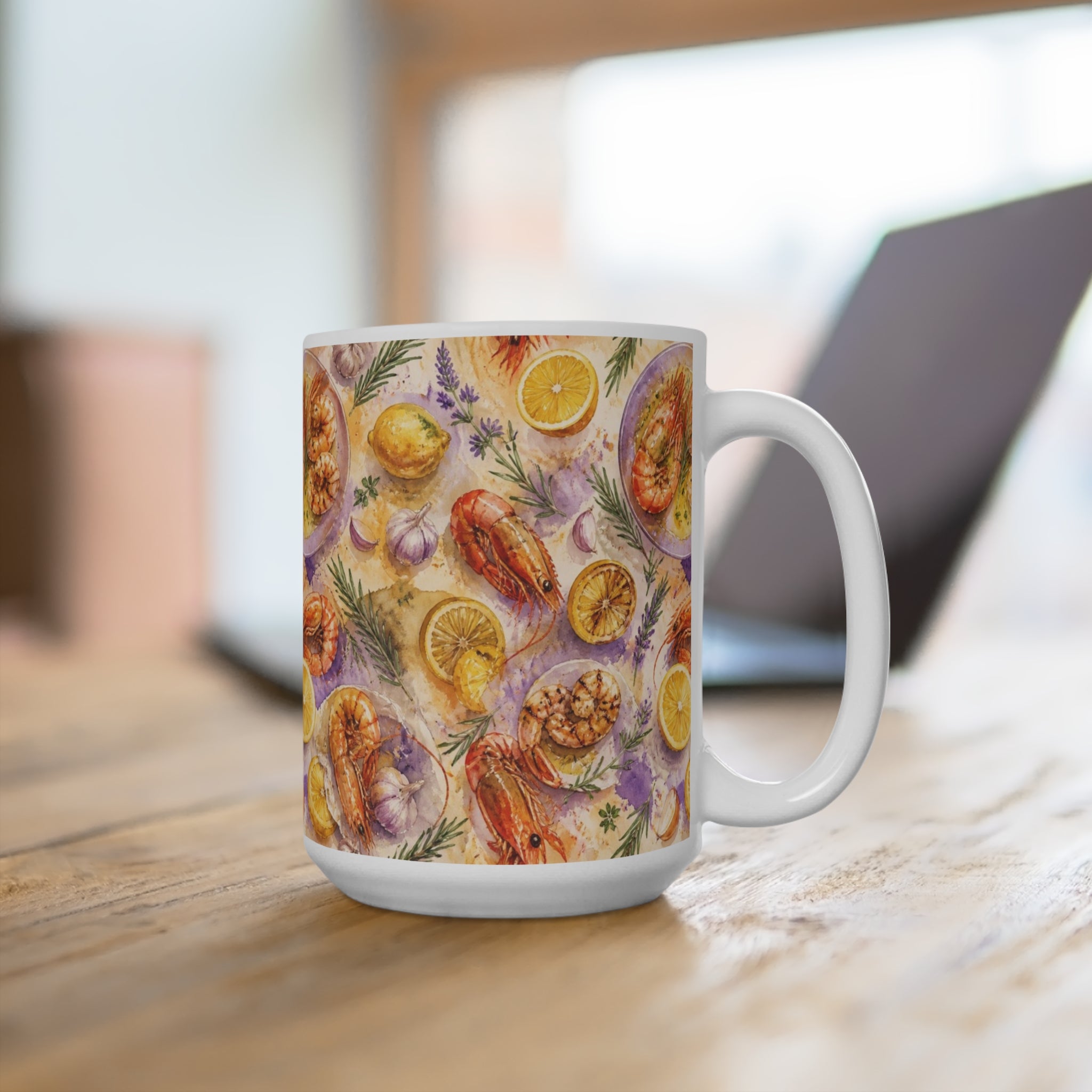 Mediterranean Shrimp 15oz Ceramic Mug Mediterranean Kitchen Watercolor Splash Design Italian Cottagecore Gift