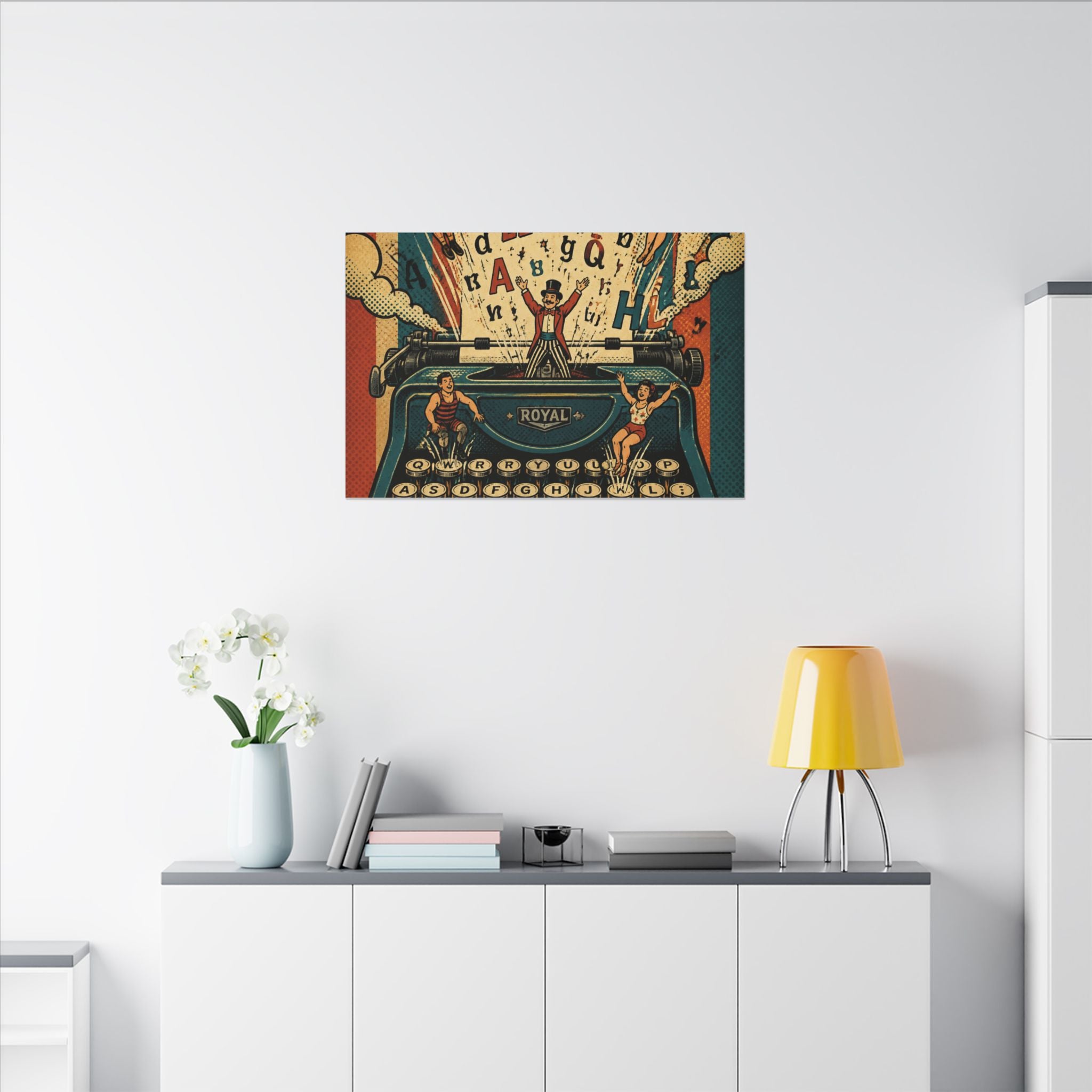 Typewriter Flying Letters Wall Art Canvas 24×36 Pop Art Restaurant Decor Maximalist Print