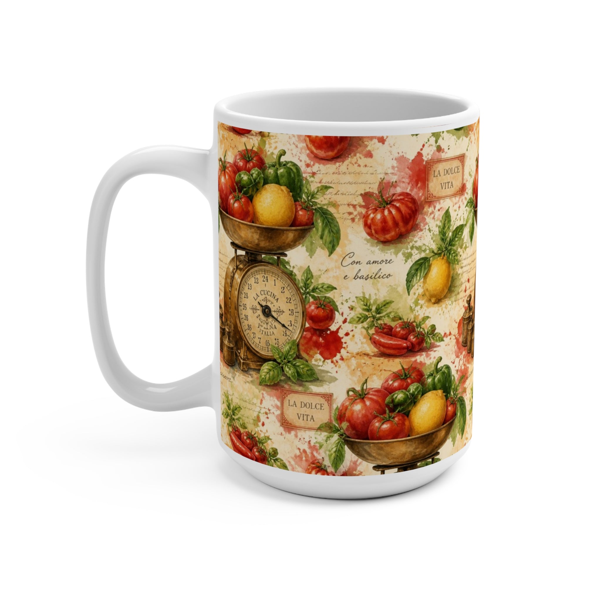 Vintage Kitchen Scale 15oz Ceramic Mug Mediterranean Kitchen Watercolor Splash Design Italian Cottagecore Gift