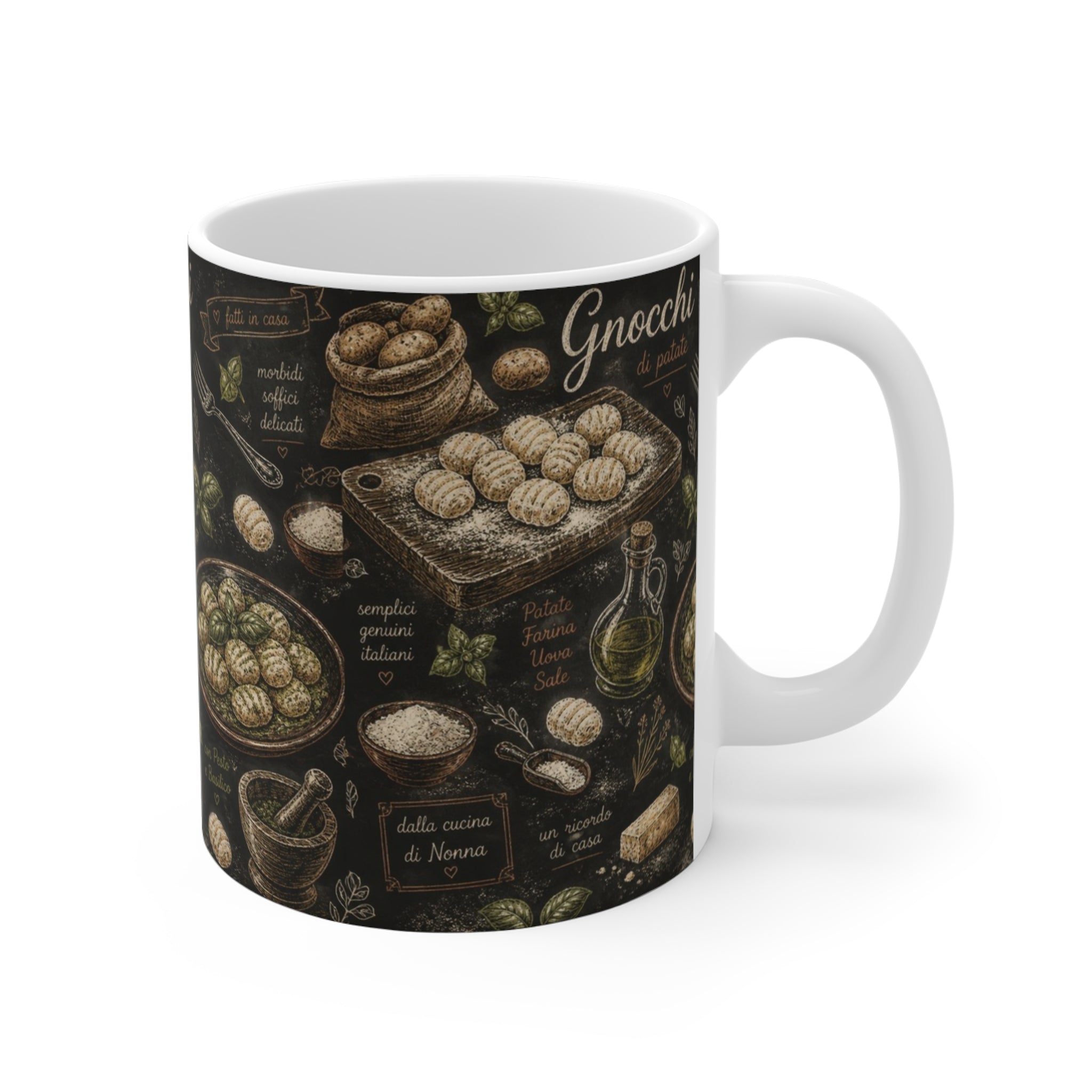 Potato Gnocchi 11oz Ceramic Mug Mediterranean Kitchen Chalk Art Design Italian Cottagecore Gift