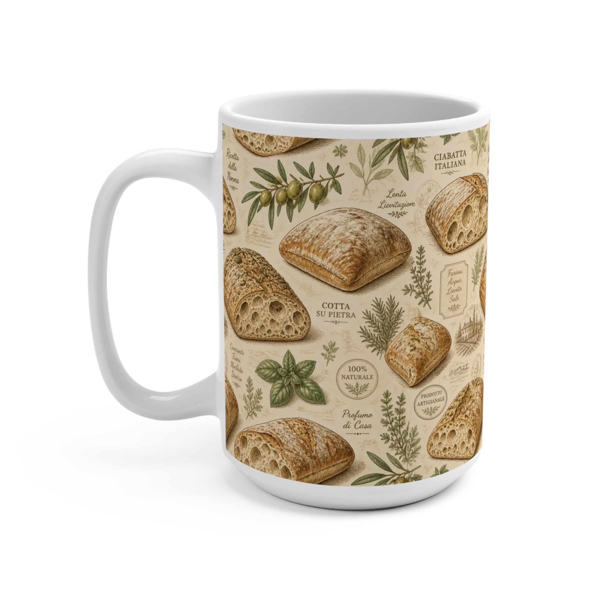 Ciabatta Rolls 15oz Ceramic Mug Mediterranean Kitchen Botanical Design Italian Cottagecore Gift