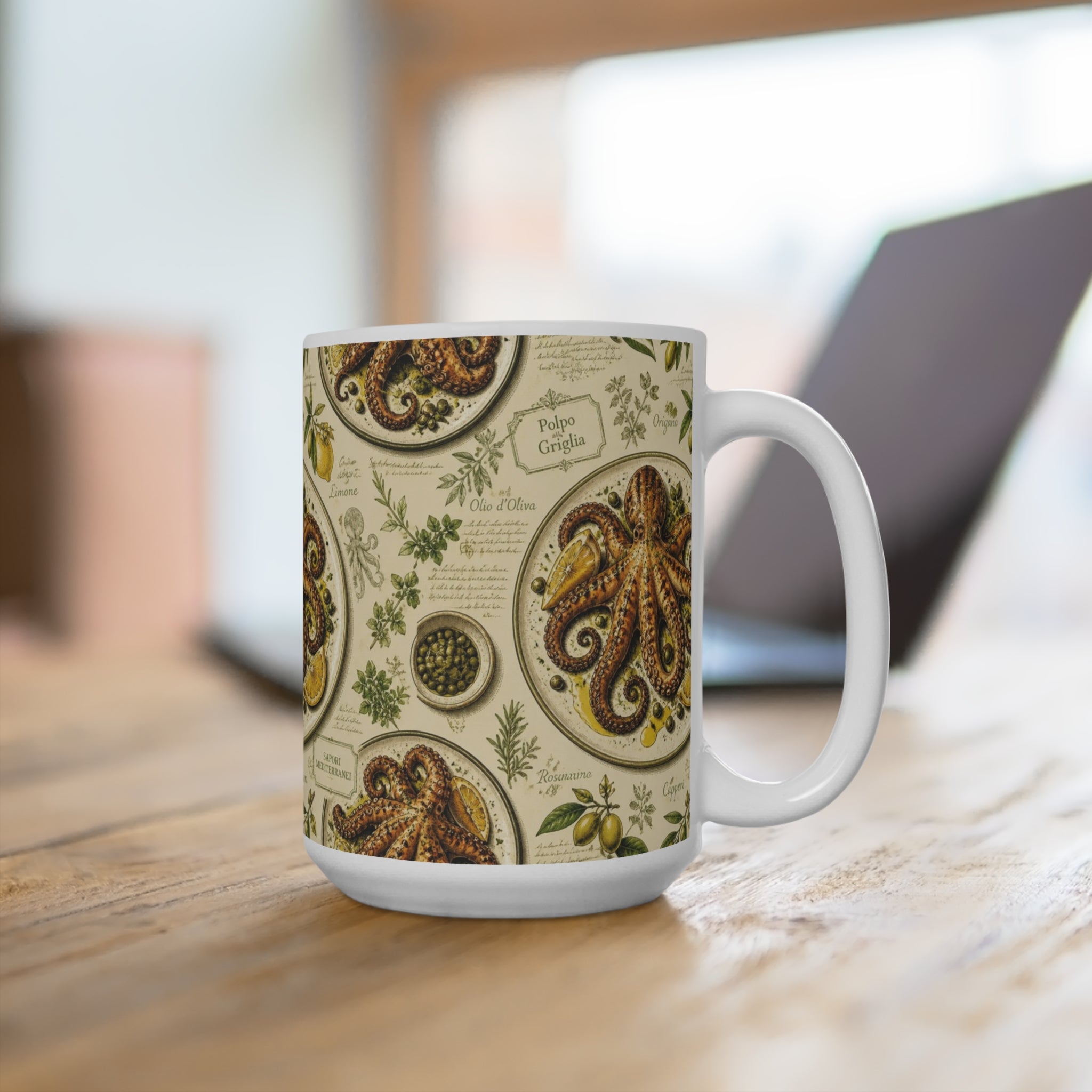Grilled Octopus 15oz Ceramic Mug Mediterranean Kitchen Botanical Design Italian Cottagecore Gift