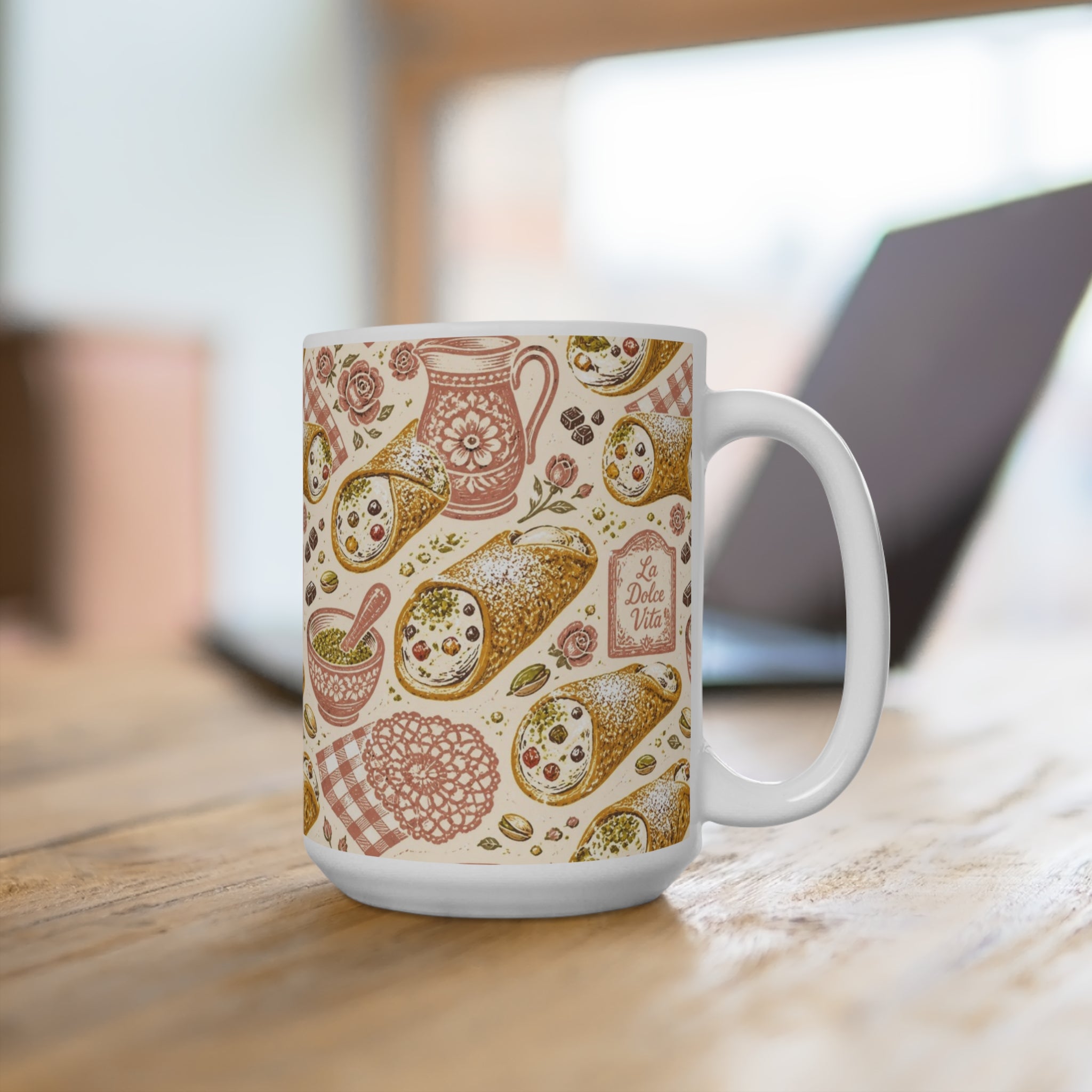 Sicilian Cannoli 15oz Ceramic Mug Mediterranean Kitchen Linocut Design Italian Cottagecore Gift