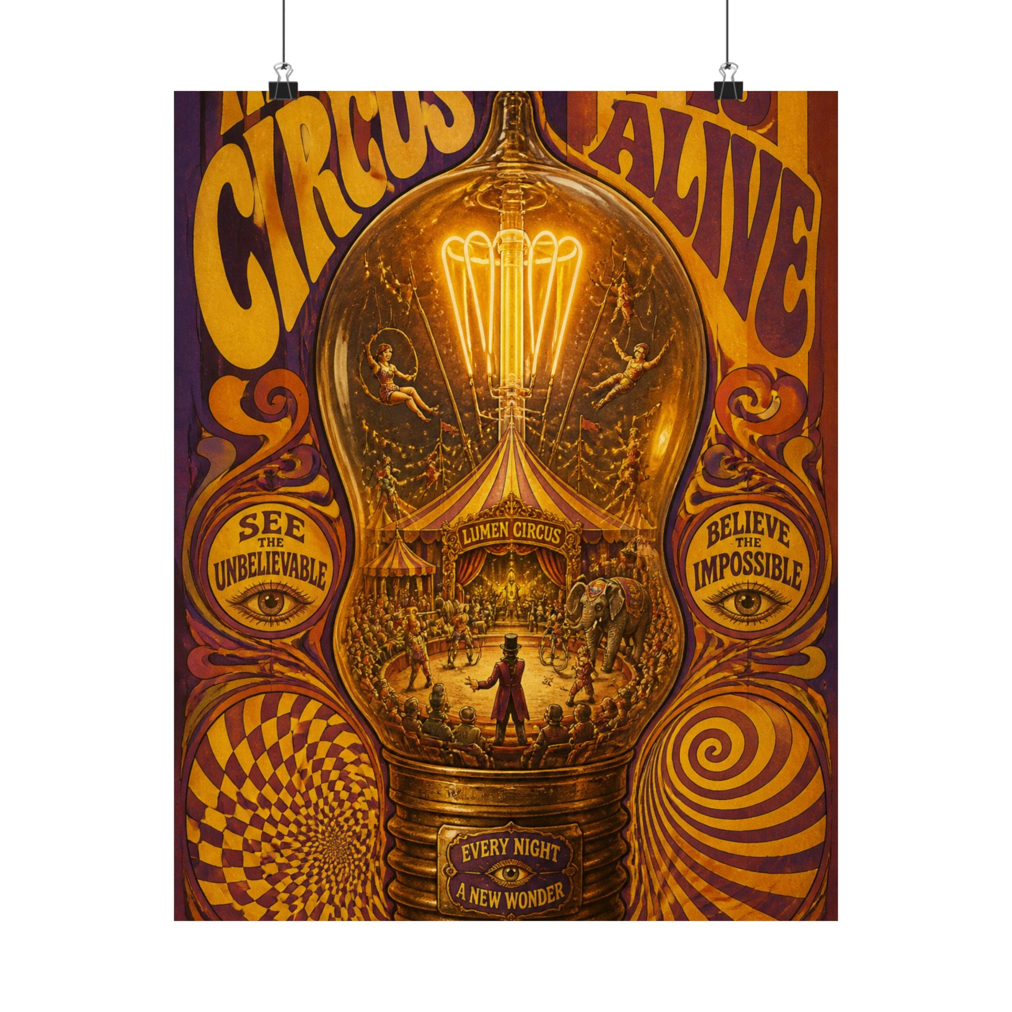 Light Bulb Circus Wall Art Poster 24×36 Psychedelic Dining Room Decor Maximalist Print