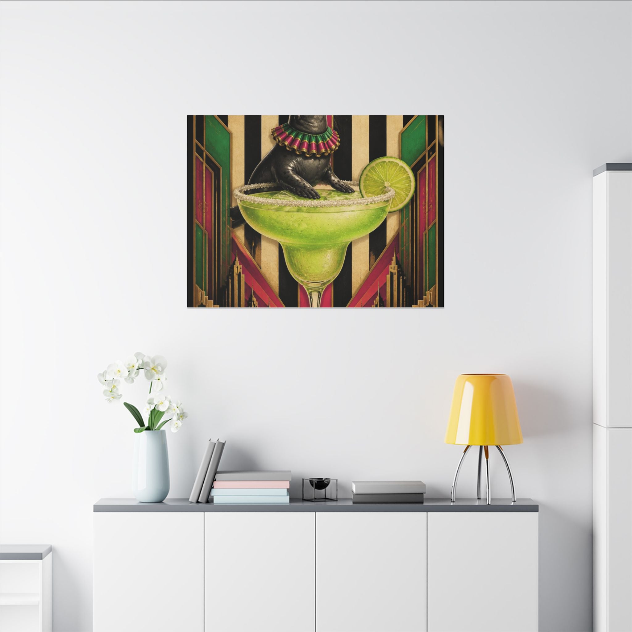 Margarita Balancing Seal Wall Art Canvas 24×36 Art Deco Bar Area Decor Maximalist Print