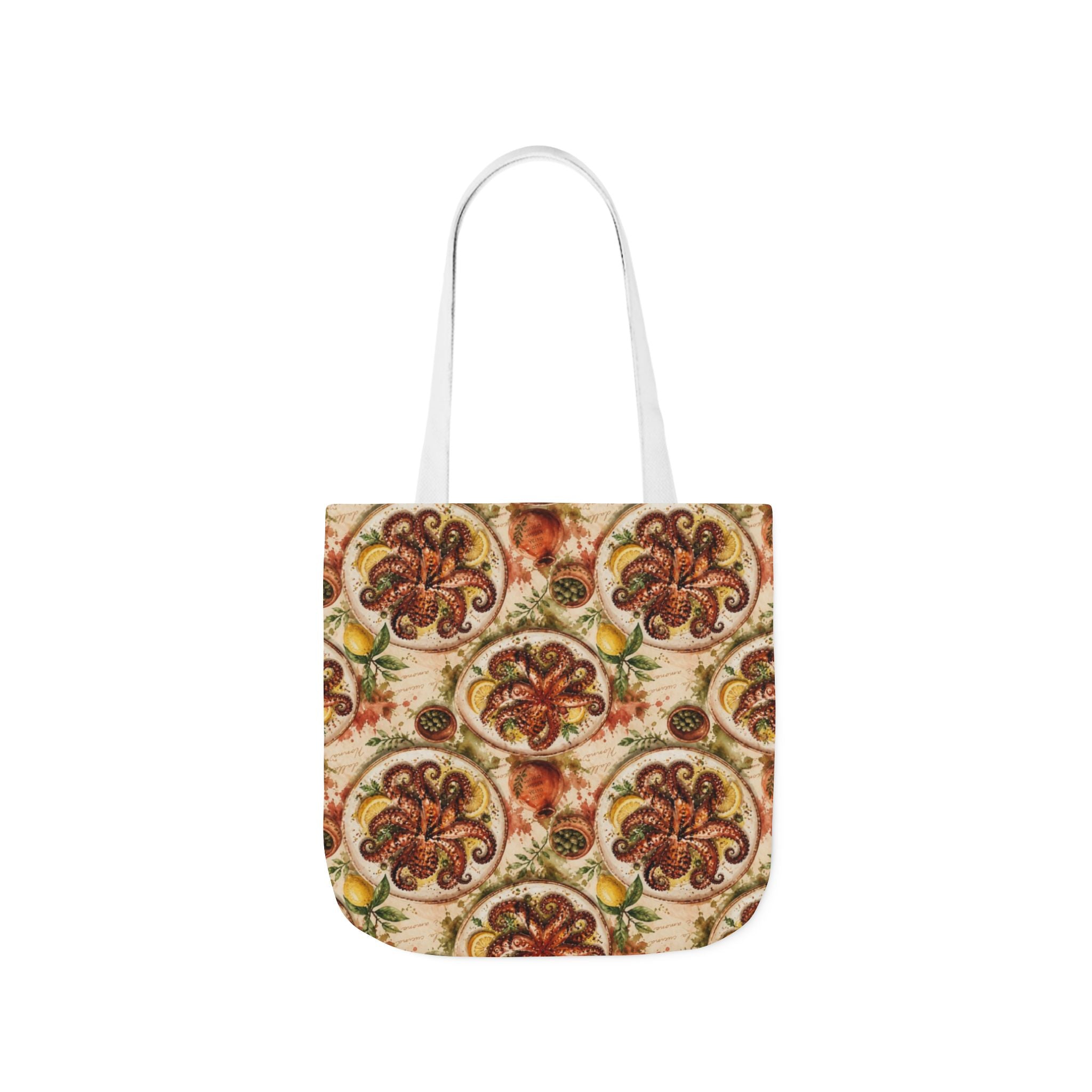 Grilled Octopus Canvas Tote Bag Mediterranean Kitchen Watercolor Splash Design Italian Cottagecore Gift