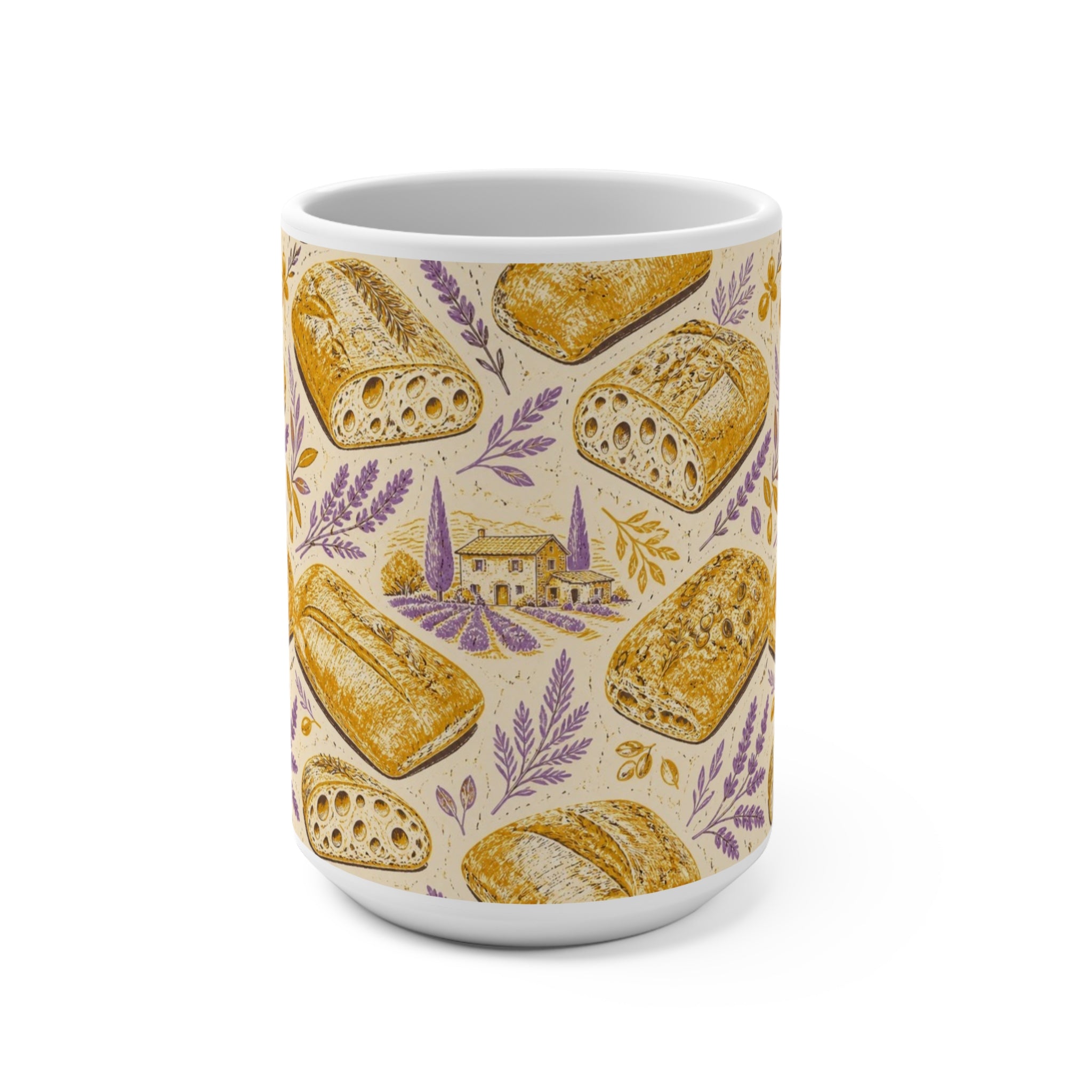 Ciabatta Rolls 15oz Ceramic Mug Mediterranean Kitchen Linocut Design Italian Cottagecore Gift