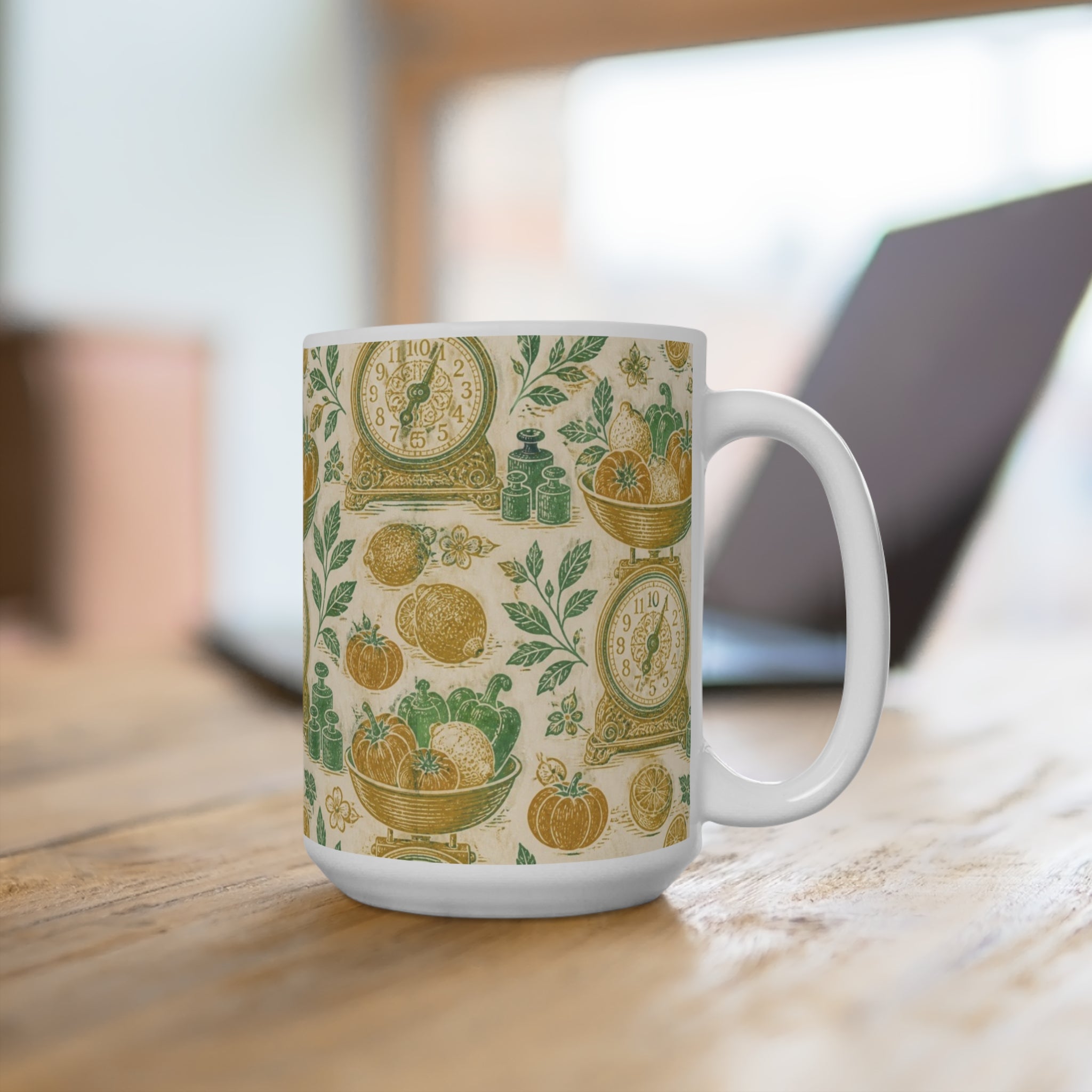 Vintage Kitchen Scale 15oz Ceramic Mug Mediterranean Kitchen Linocut Design Italian Cottagecore Gift