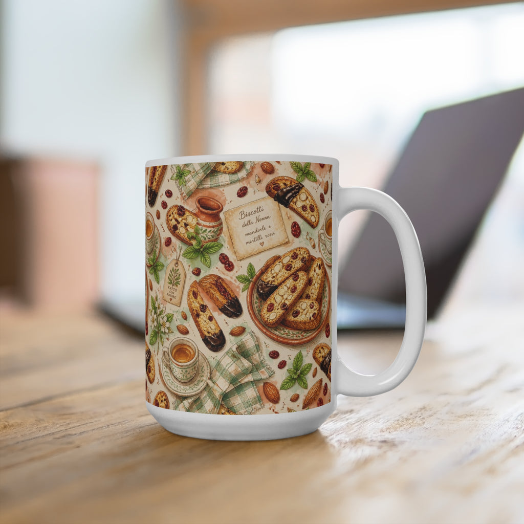 Almond Biscotti 15oz Ceramic Mug Mediterranean Kitchen Watercolor Design Italian Cottagecore Gift