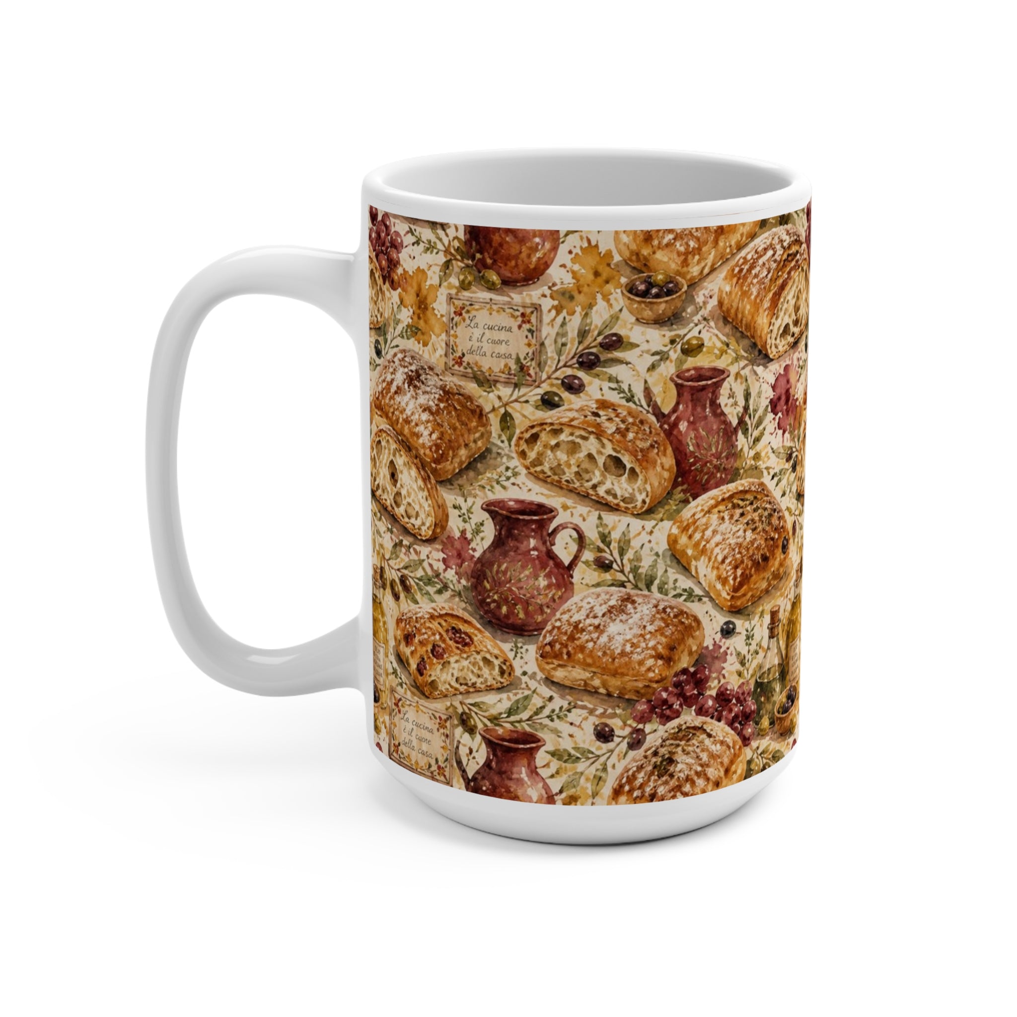 Ciabatta Rolls 15oz Ceramic Mug Mediterranean Kitchen Watercolor Splash Design Italian Cottagecore Gift