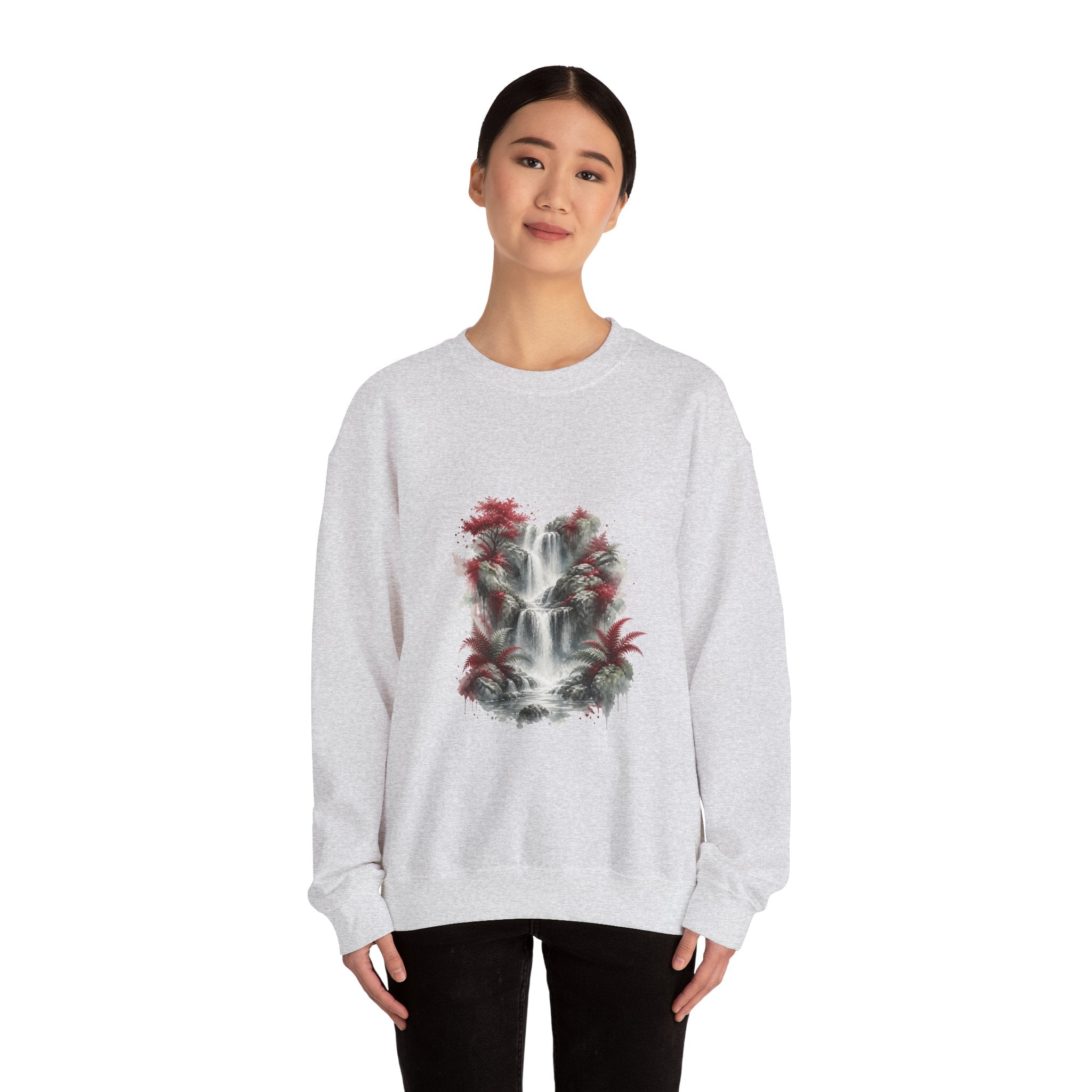 Matching Couple Sweatshirt - Wildfire & Waterfall Matching Couple Crewneck Sweatshirt Watercolor Art His Hers Engagement Gift - Design B