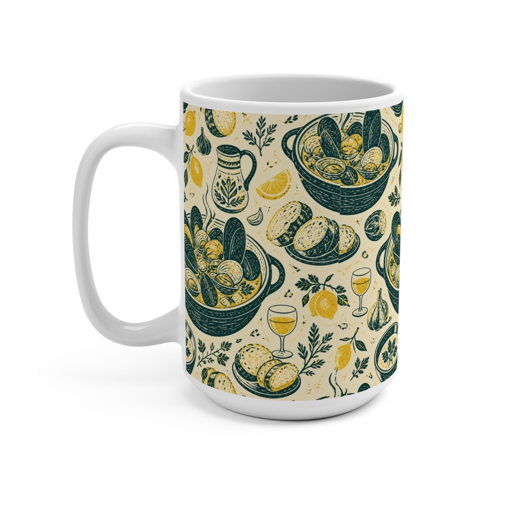 Mussels & Clams 15oz Ceramic Mug Mediterranean Kitchen Linocut Design Italian Cottagecore Gift