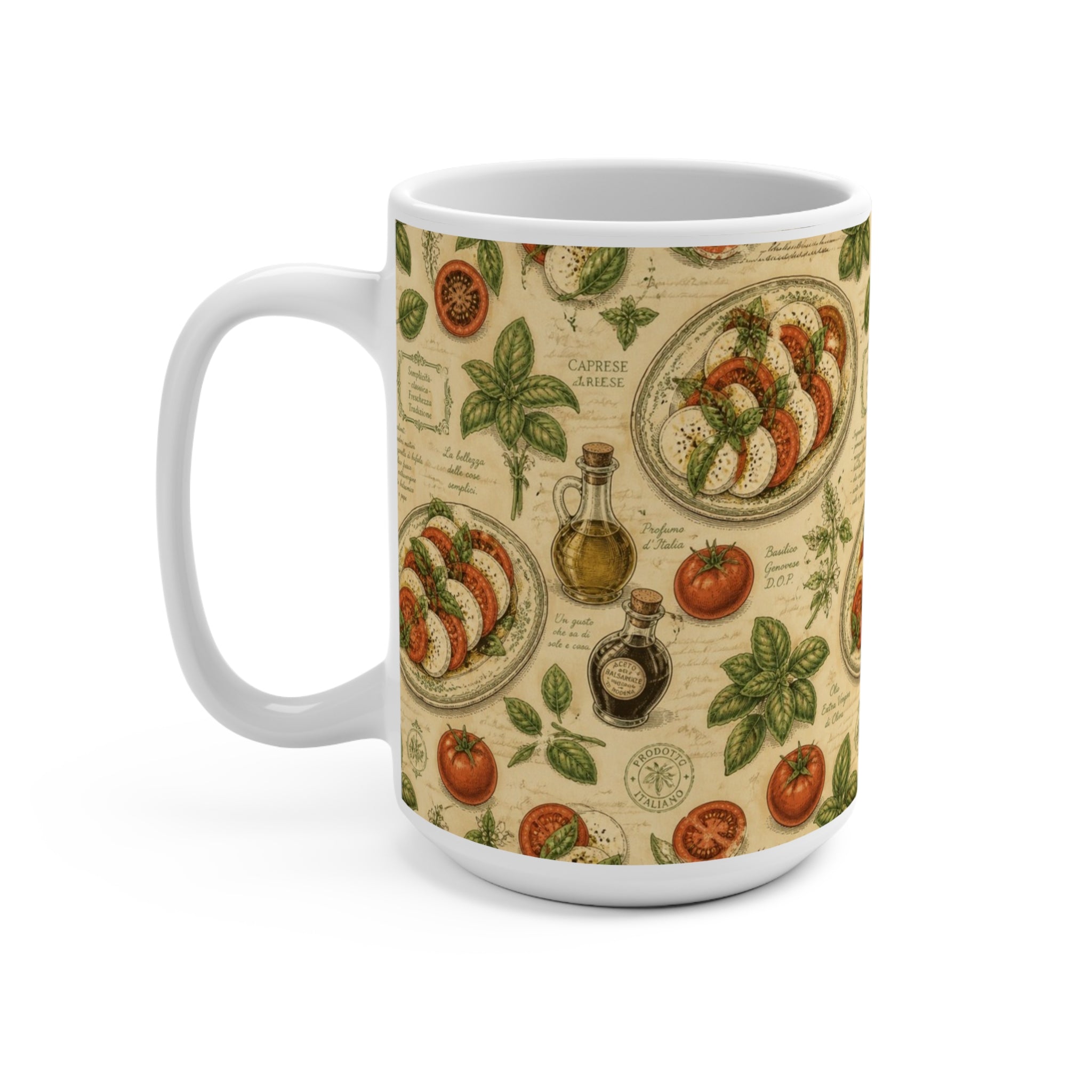 Caprese Arrangement 15oz Ceramic Mug Mediterranean Kitchen Botanical Design Italian Cottagecore Gift