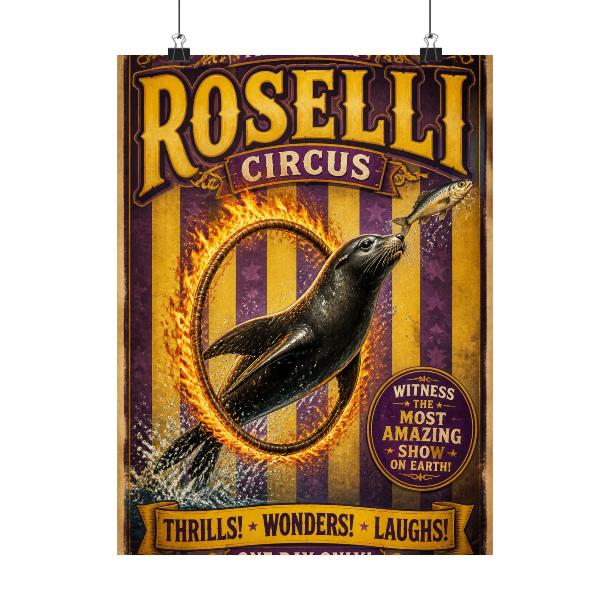 Seal Fire Hoop Wall Art Poster 18×24 Vintage Circus Kitchen Decor Maximalist Print
