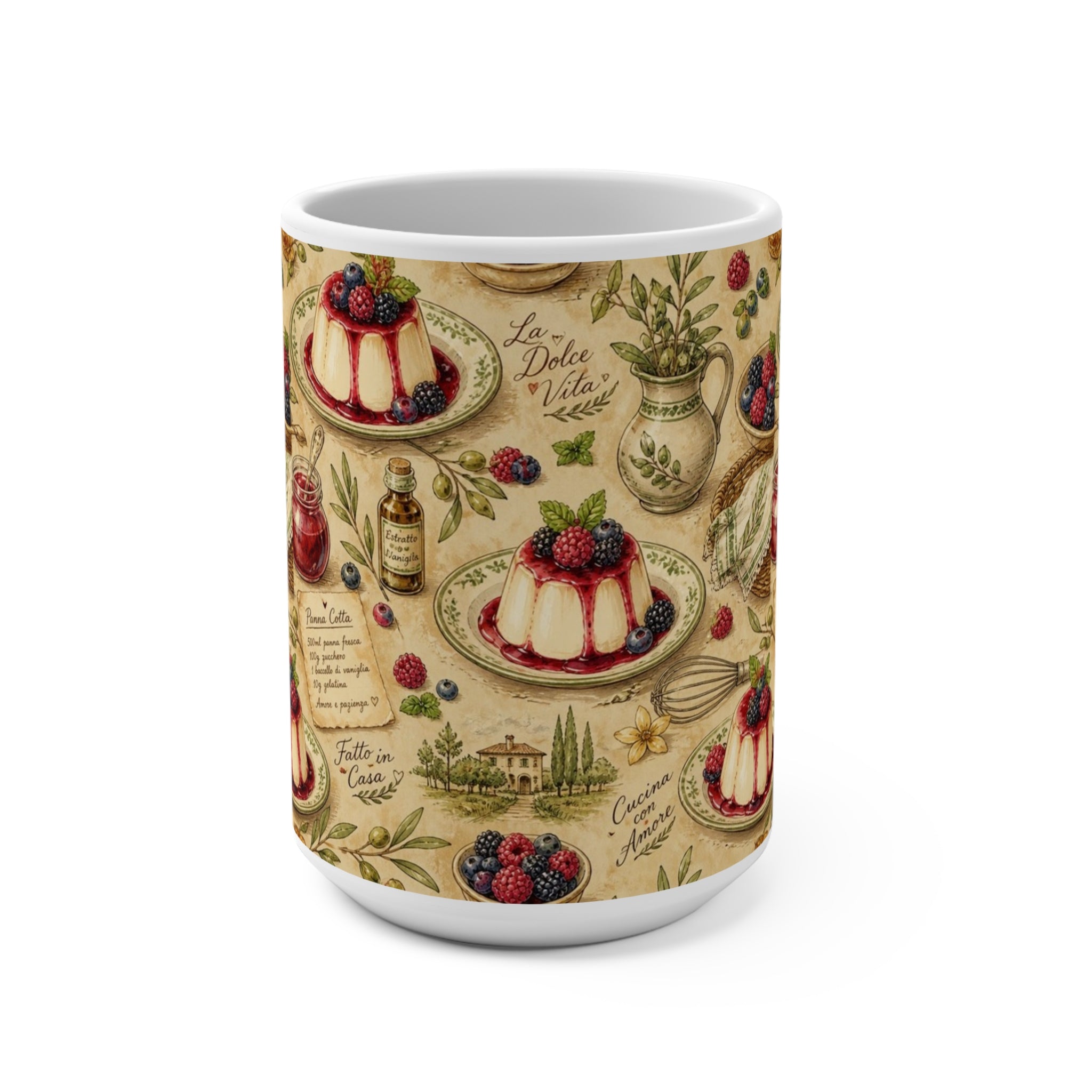 Panna Cotta 15oz Ceramic Mug Mediterranean Kitchen Watercolor Design Italian Cottagecore Gift