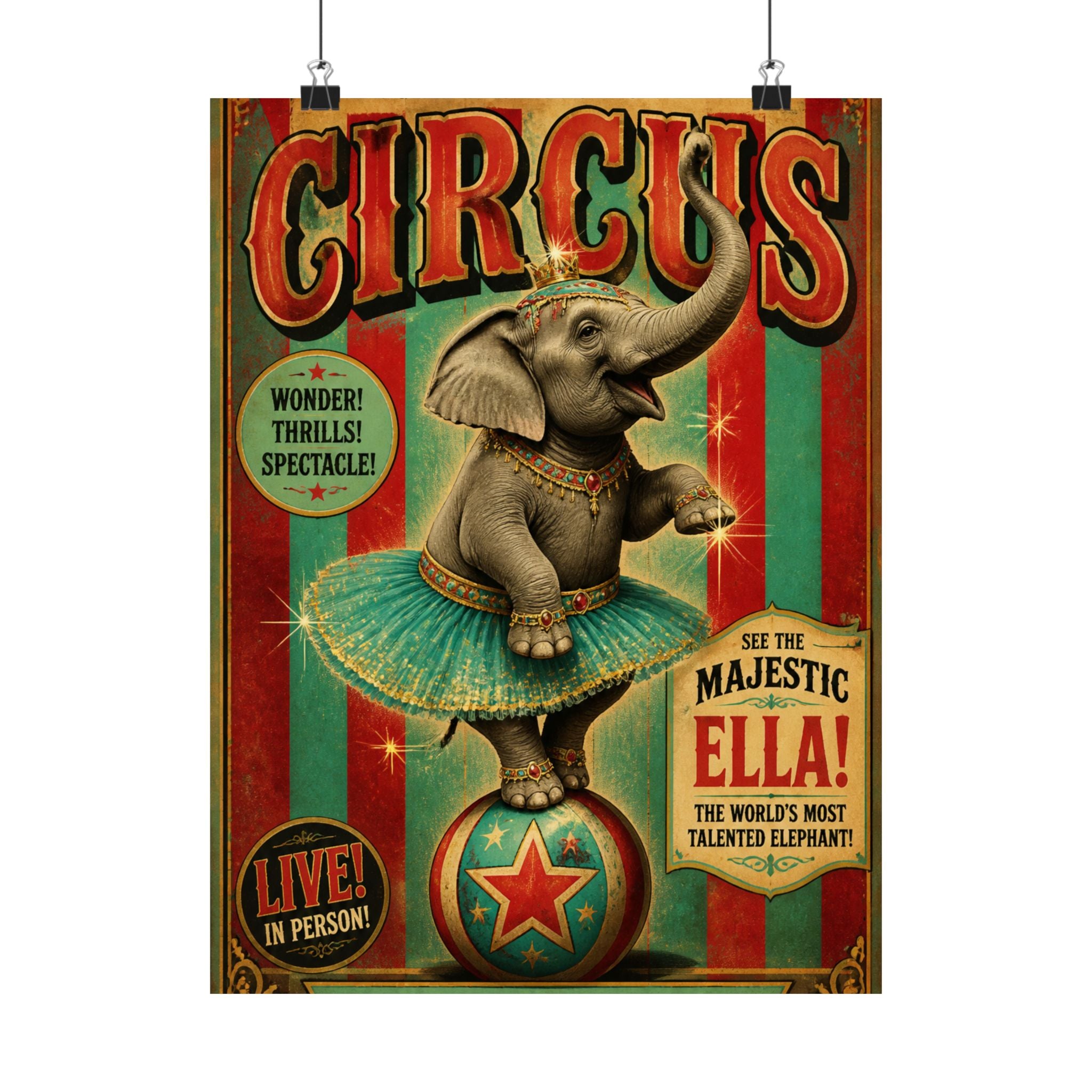 Elephant on Ball Wall Art Poster 24×36 Vintage Circus Bedroom Decor Maximalist Print