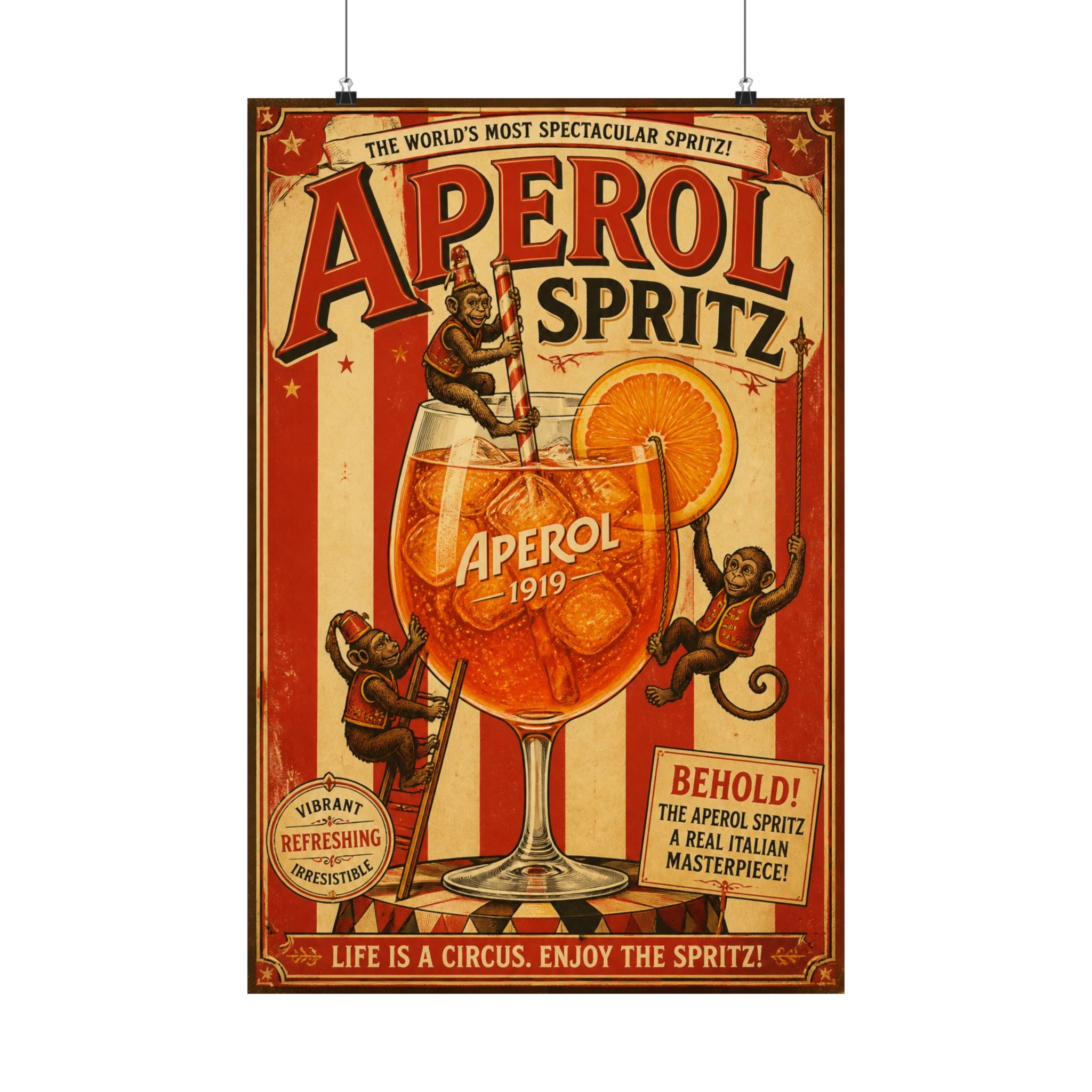 Aperol Spritz Monkeys Wall Art Poster 24×36 Vintage Circus Bedroom Decor Maximalist Print