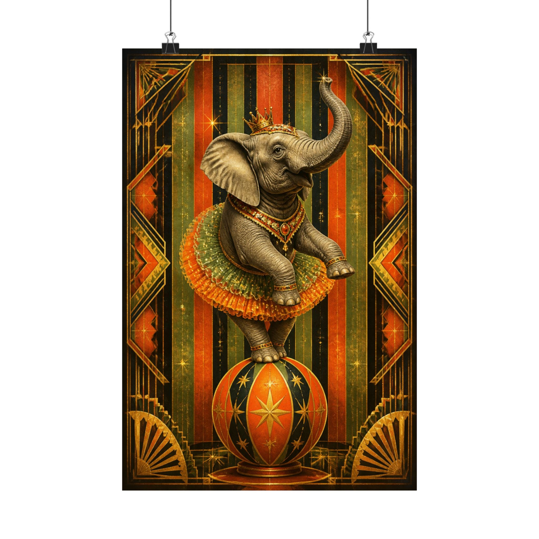Elephant on Ball Wall Art Poster 24×36 Art Deco Bar Area Decor Maximalist Print