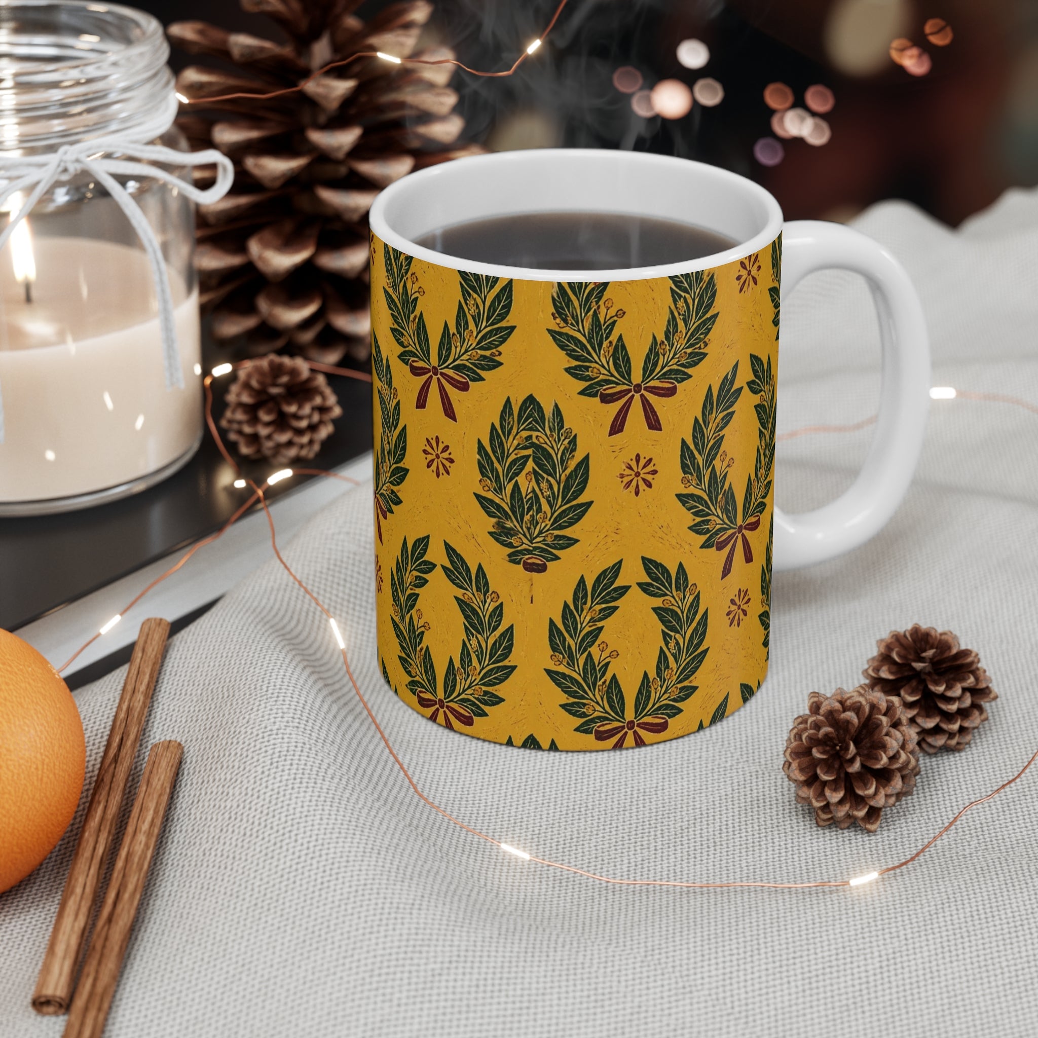 Bay Laurel Wreath 11oz Ceramic Mug Mediterranean Kitchen Linocut Design Italian Cottagecore Gift