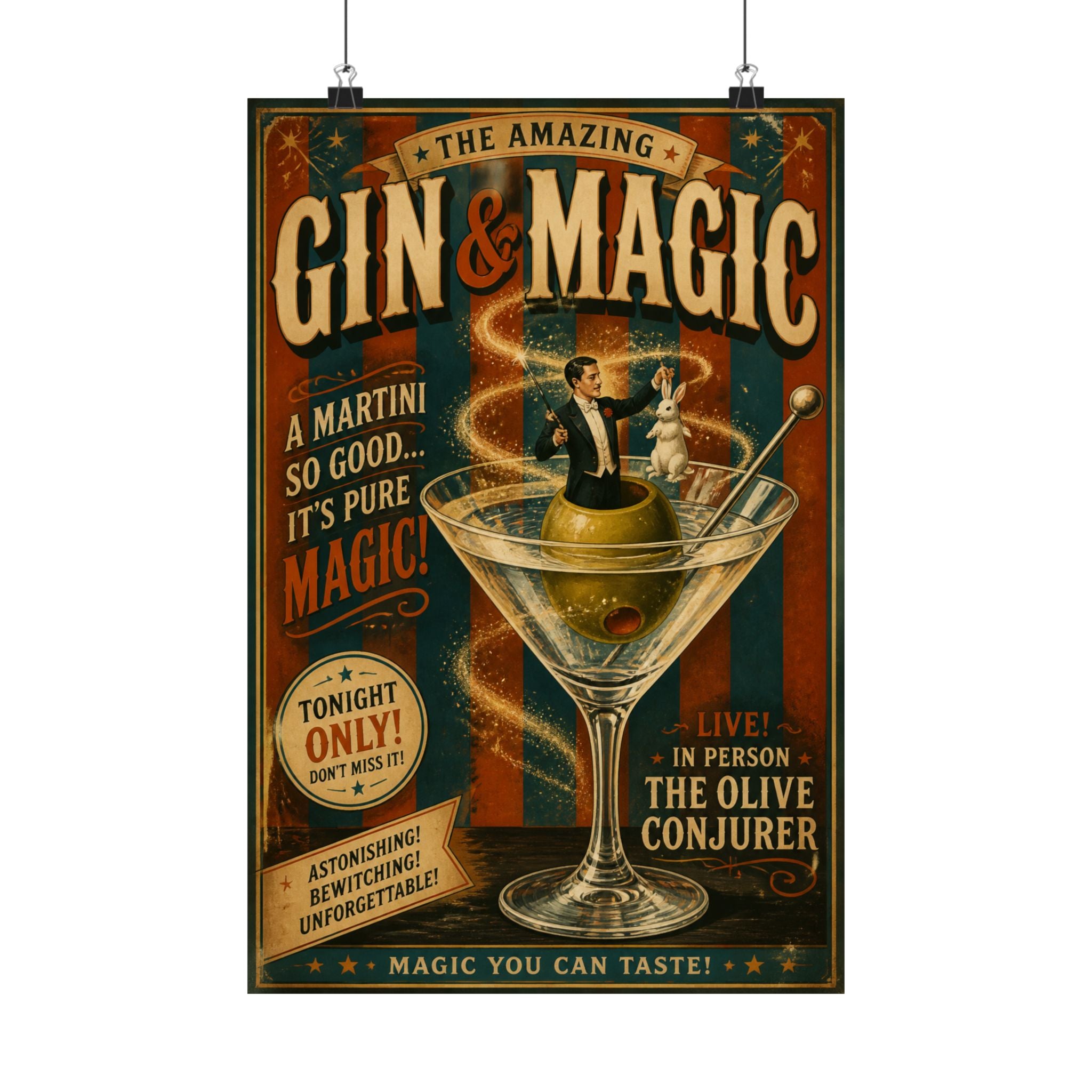 Martini Magician Wall Art Poster 18×24 Vintage Circus Kitchen Decor Maximalist Print