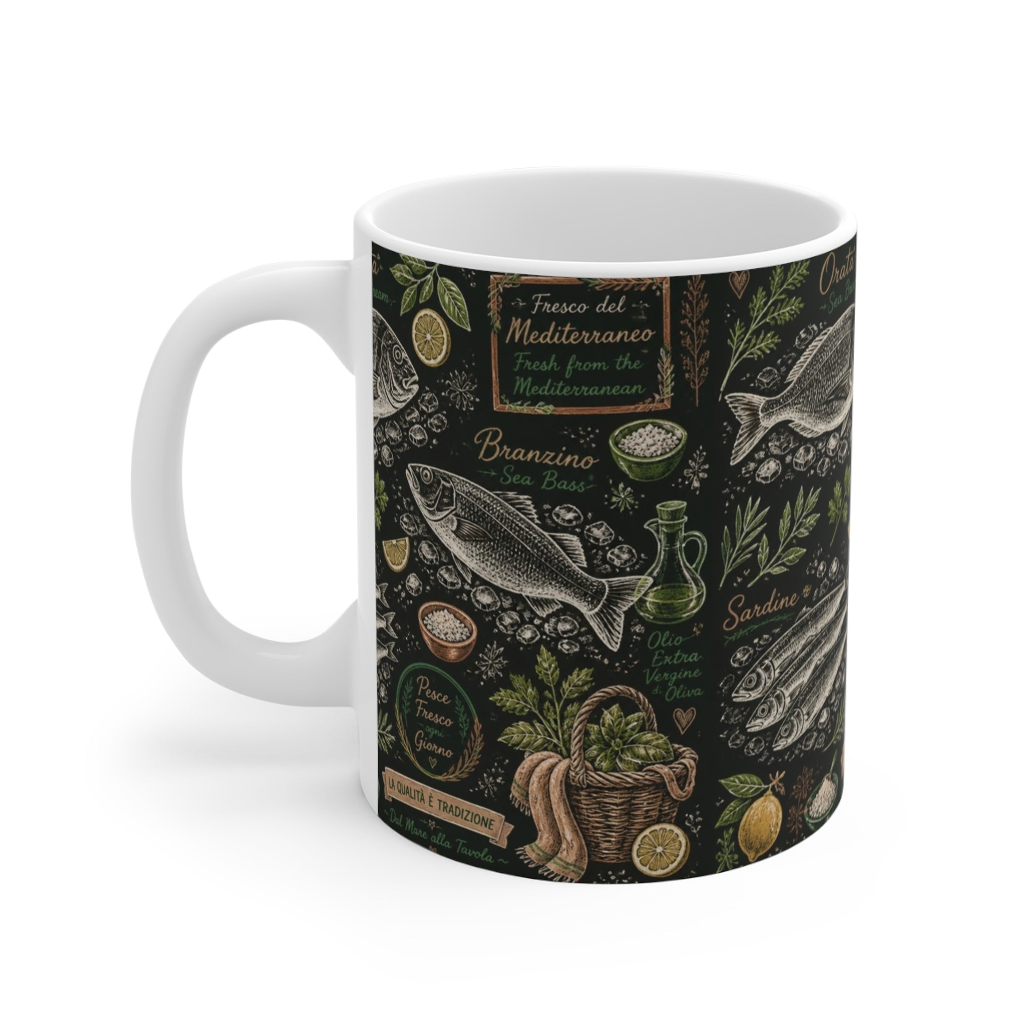 Mediterranean Fish 11oz Ceramic Mug Mediterranean Kitchen Chalk Art Design Italian Cottagecore Gift