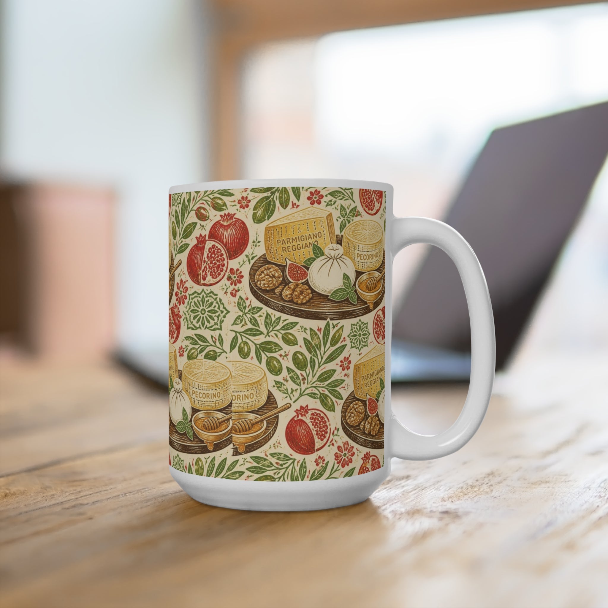 Italian Cheese Board 15oz Ceramic Mug Mediterranean Kitchen Linocut Design Italian Cottagecore Gift